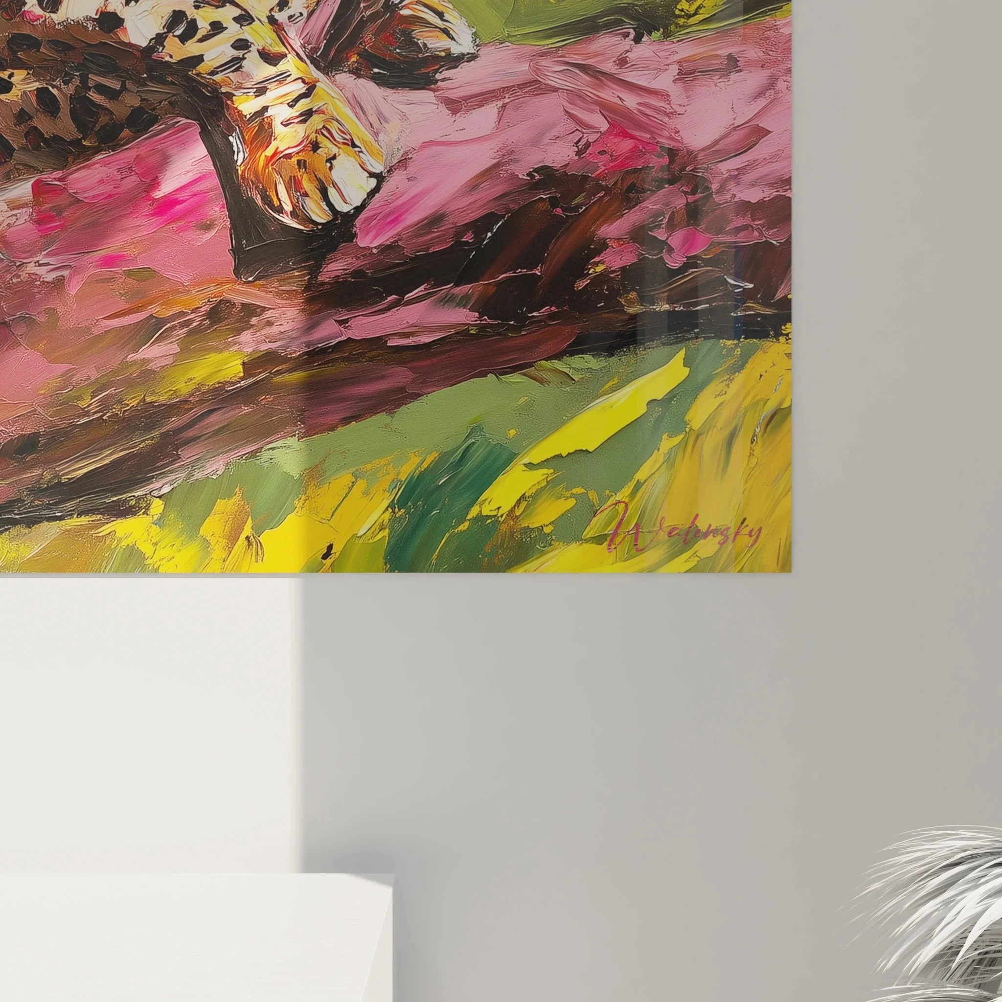 Gesamtansicht Leopard Leinwandbild - expressionistische Wildtier Kunst mit kraftvollen Pinselstrichen und Farbexplosion