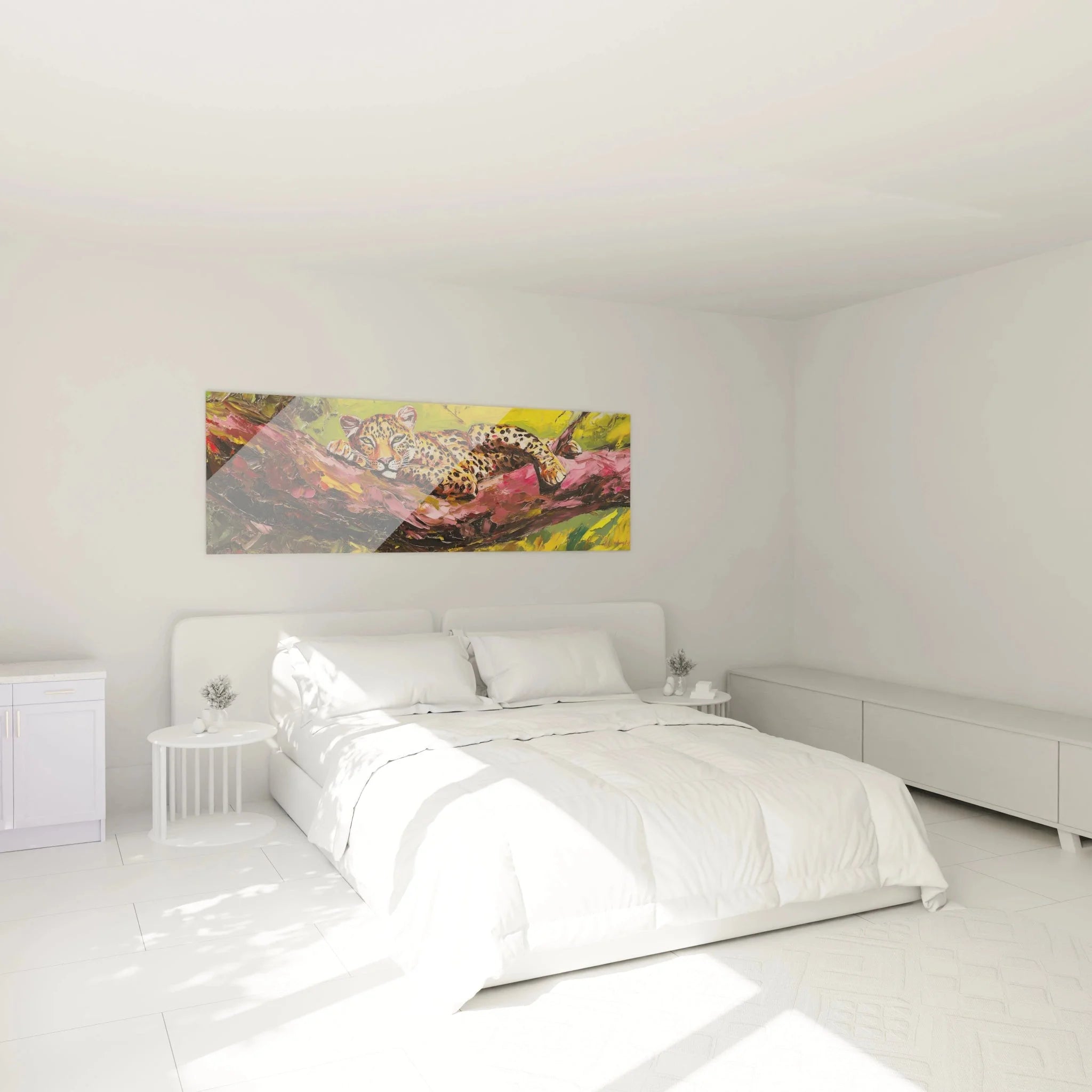 Leopard Wandbild XXL im Schlafzimmer - stilvolle Raubkatze Kunst als elegante Wanddekoration über dem Bett