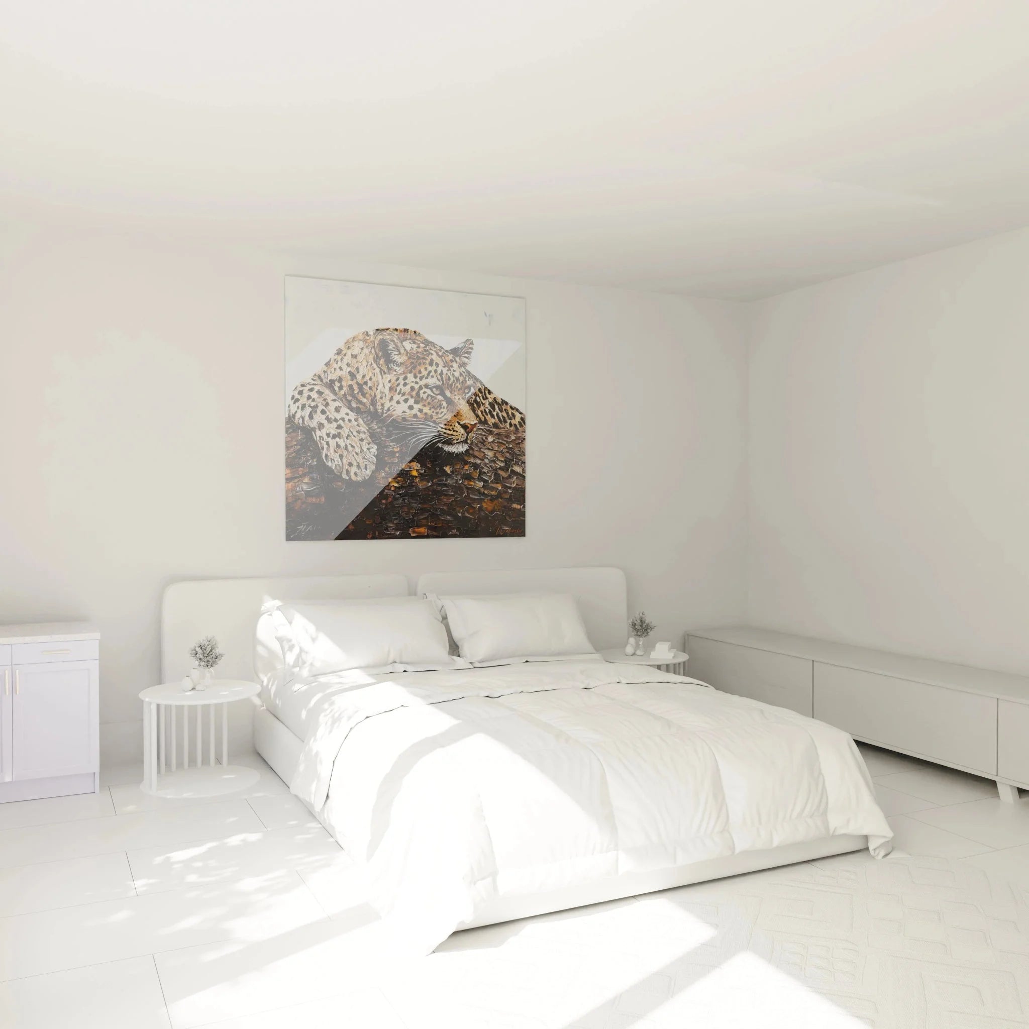 Leopard Wandbild XXL als Schlafzimmer Dekoration mit warmem Farbtönen und beruhigender Ausstrahlung