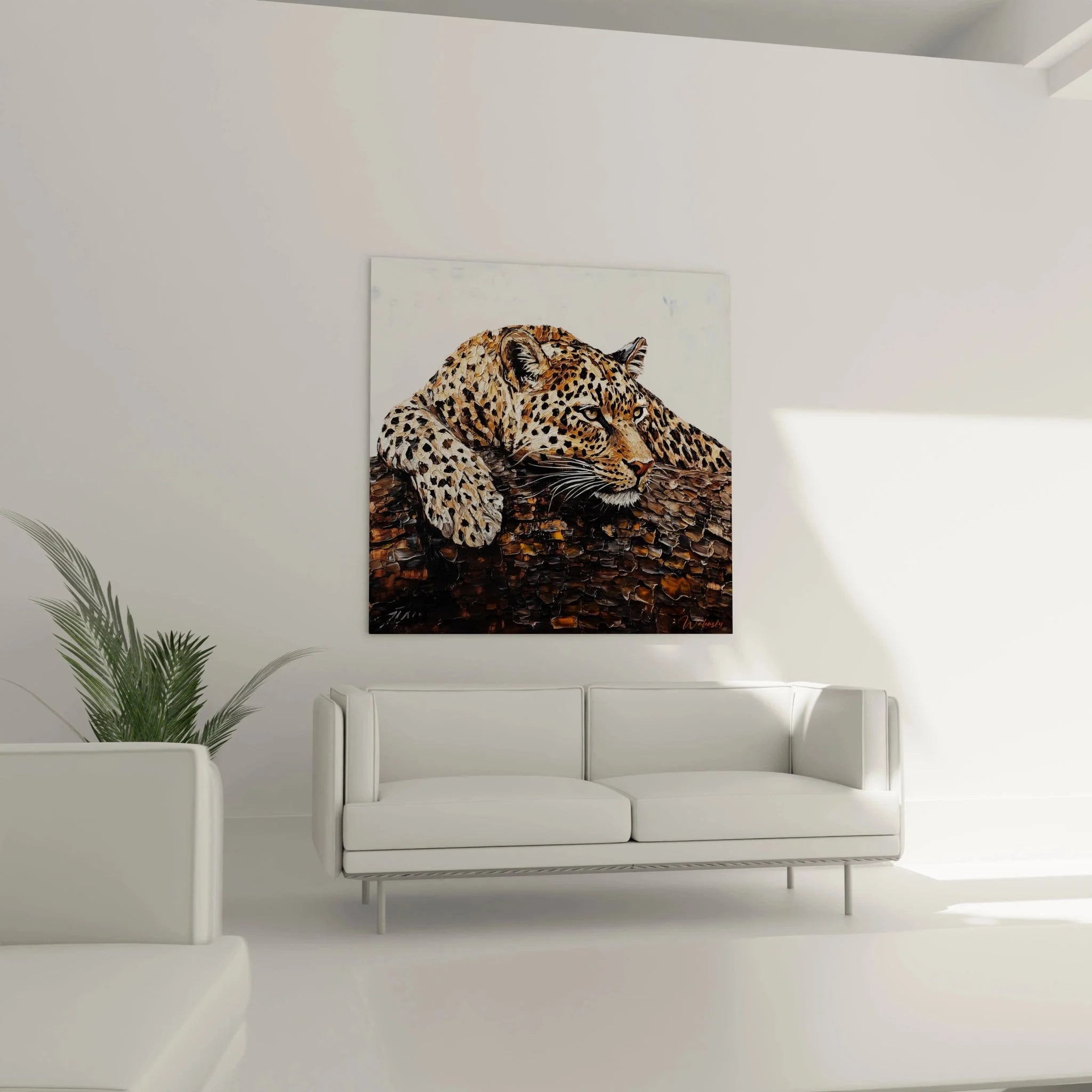 Detailansicht Leopard Wandkunst zeigt realistische Rosetten Fellmusterung und Impasto Maltechnik