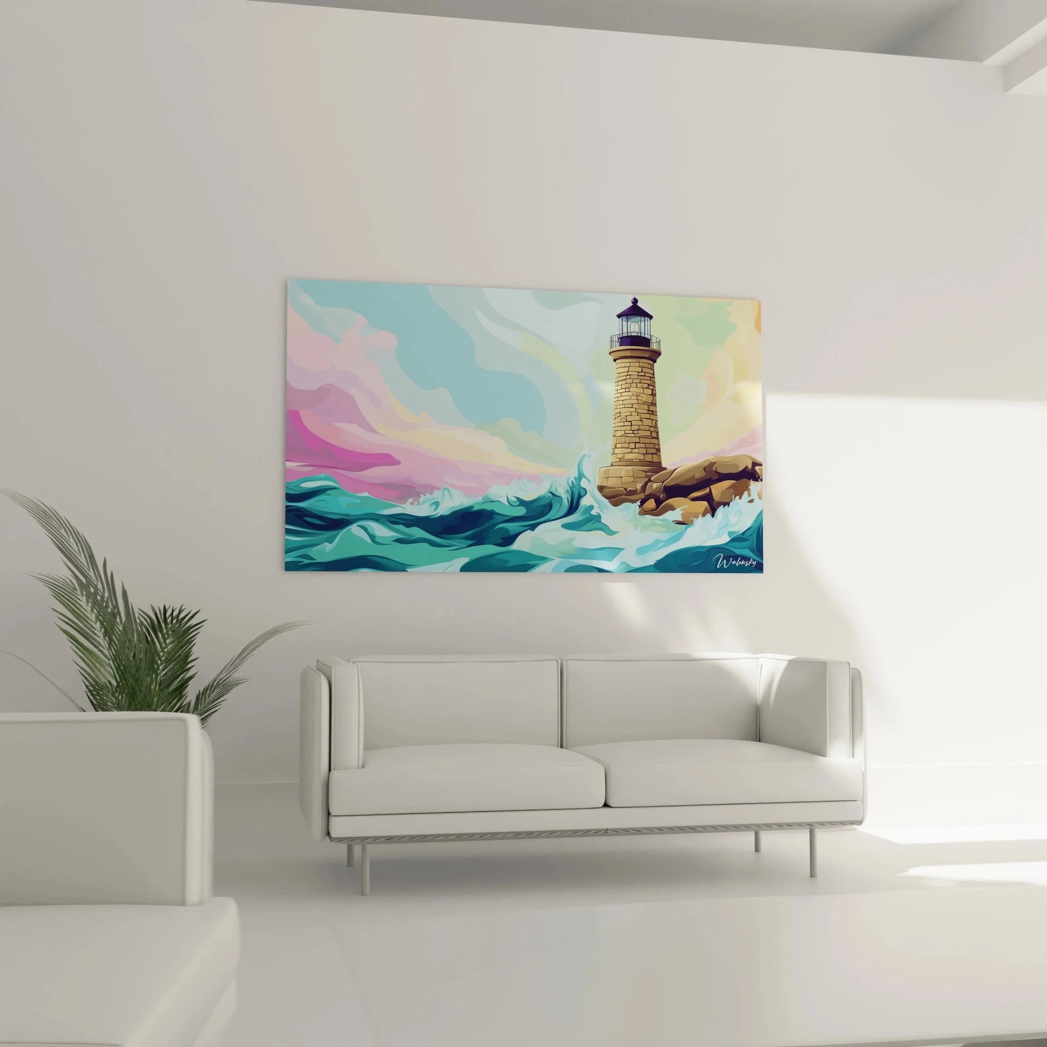 Detailansicht Leuchtturm Wandbild zeigt steinerne Textur und dramatische Himmelsfärbung