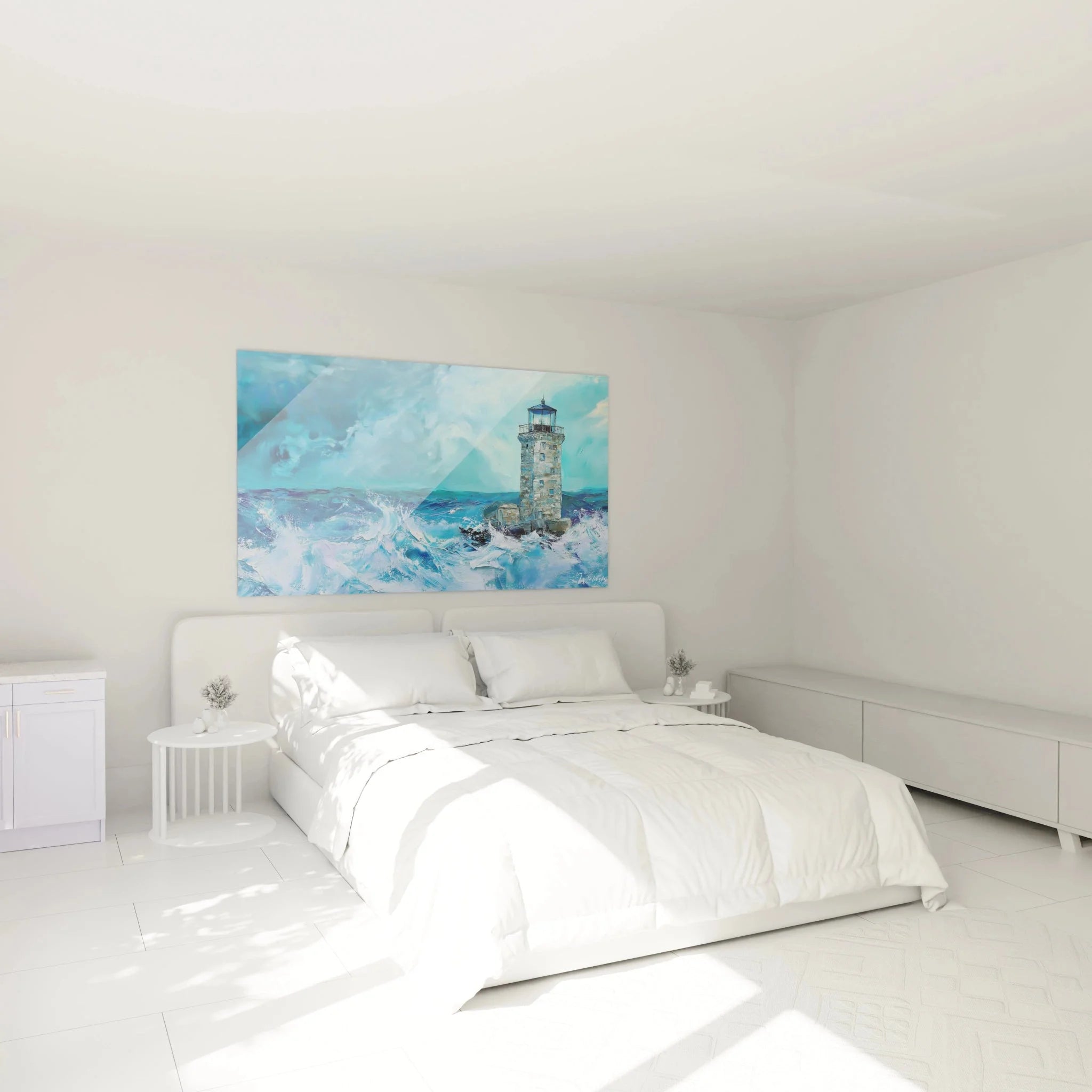 Wandbild Leuchtturm Sturm als maritime Schlafzimmer Dekoration an weißer Wand