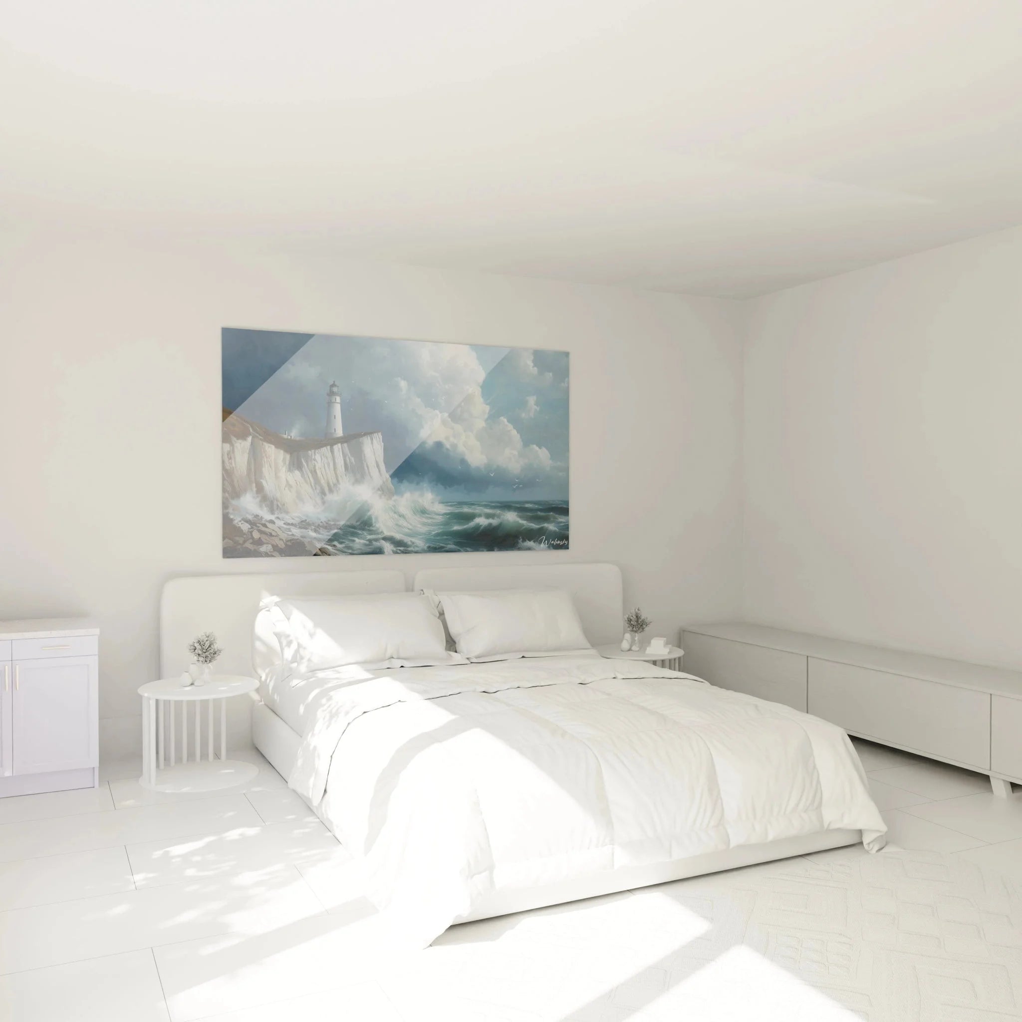 Leuchtturm Wandbild XXL im Schlafzimmer - maritime Dekoration an weißer Wand