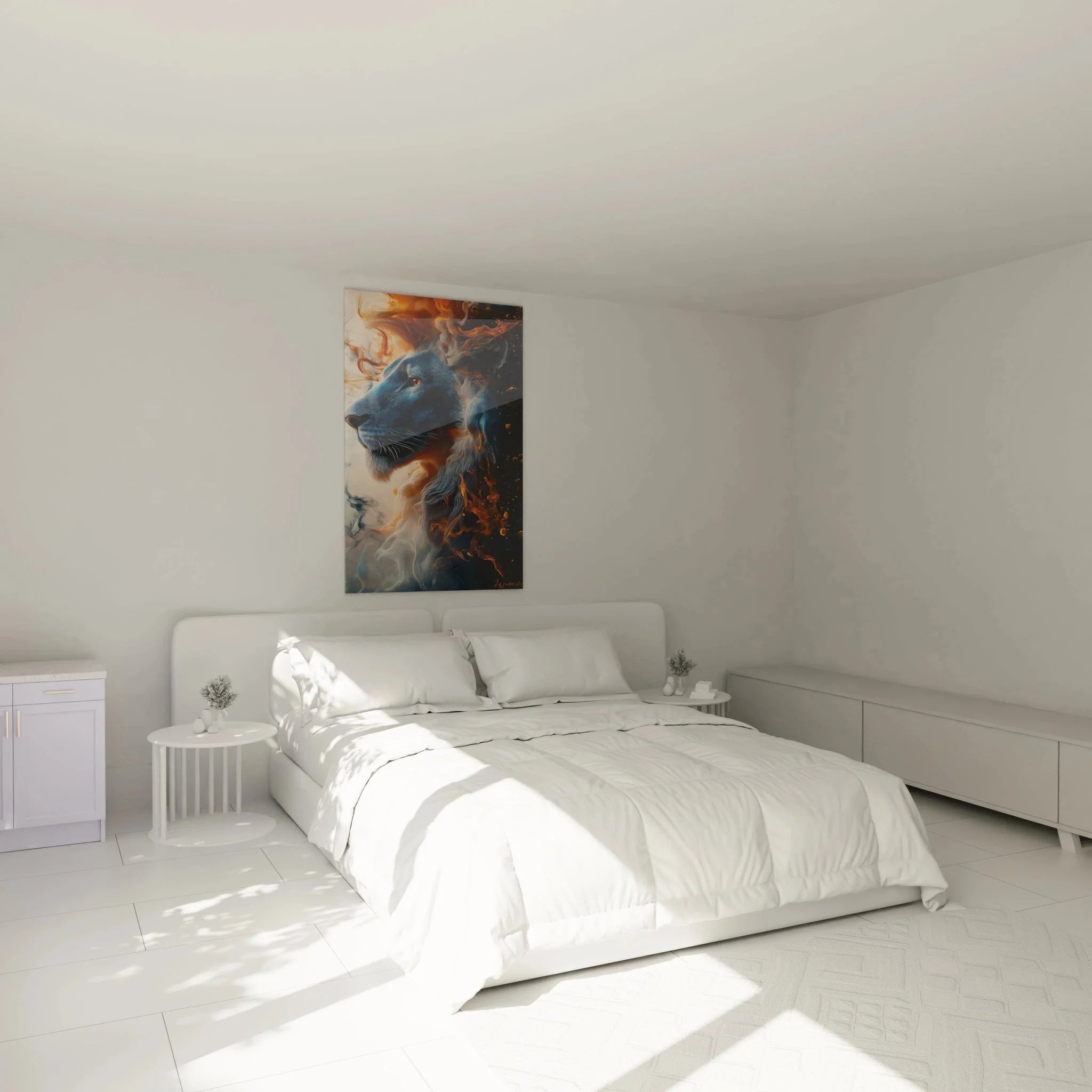 Löwe Wandbild in Schlafzimmer Ambiente - blaue abstrakte Löwenkunst als Wanddekoration
