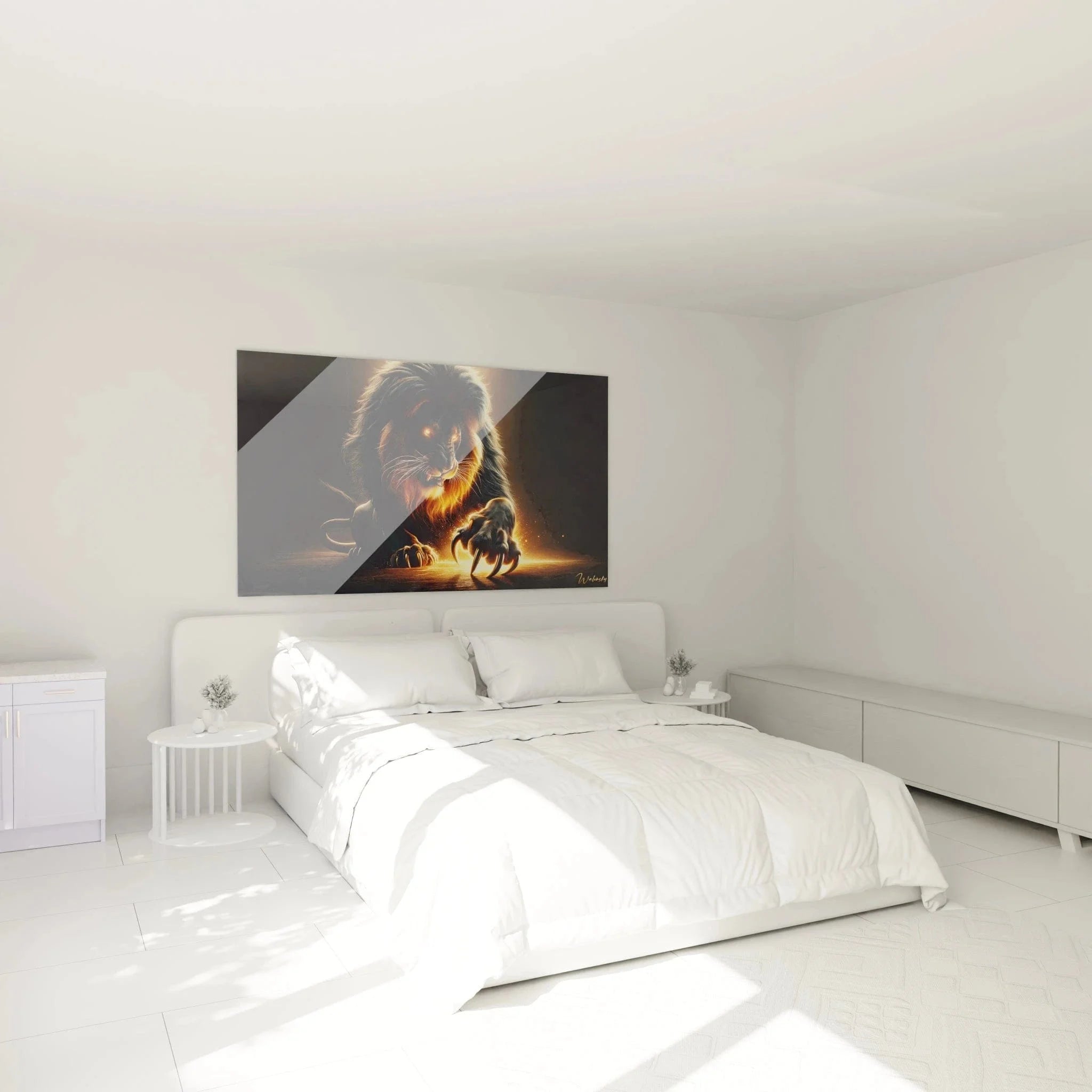 Löwe Wandbild XXL in elegantem Schlafzimmer mit warmer Beleuchtung