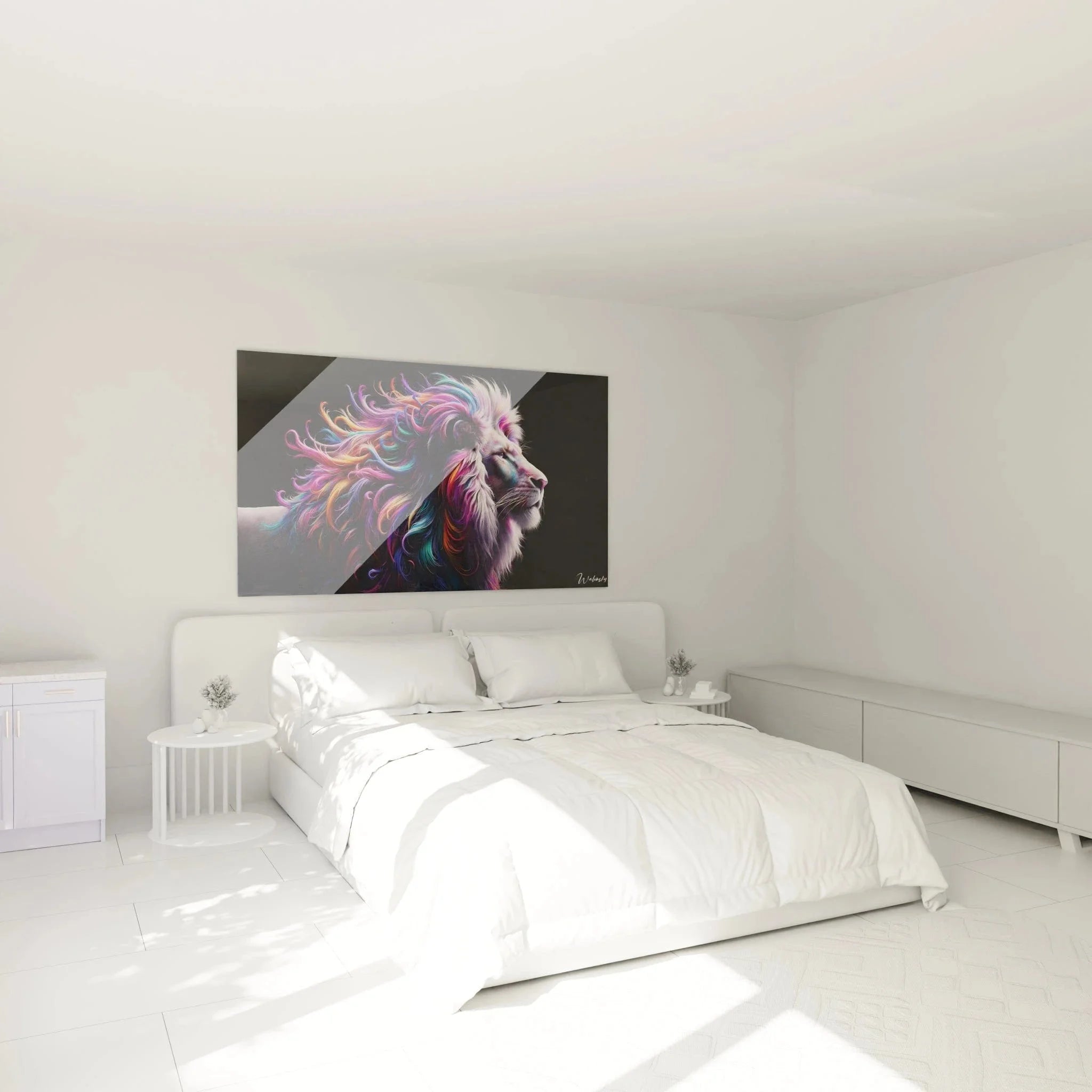 Löwen Wandbild mit Regenbogen-Mähne als Dekoration im Schlafzimmer - moderne Raumgestaltung
