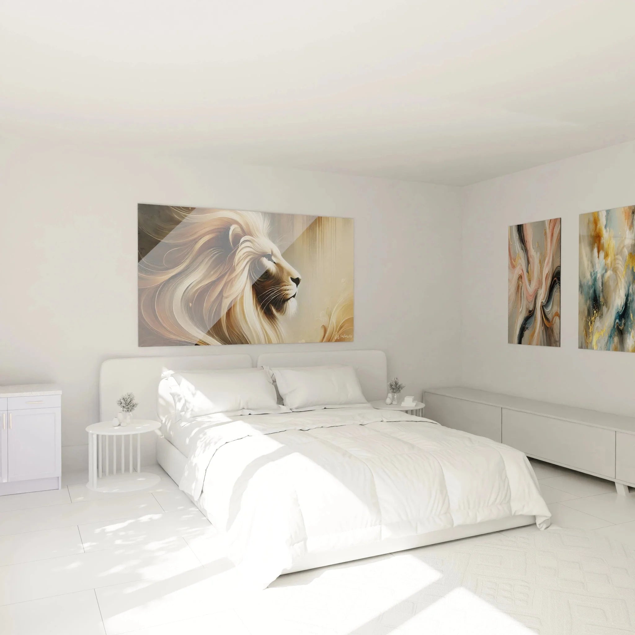 Löwen Wandbild im Schlafzimmer - majestätische Mähne in Gold und Bronze Tönen