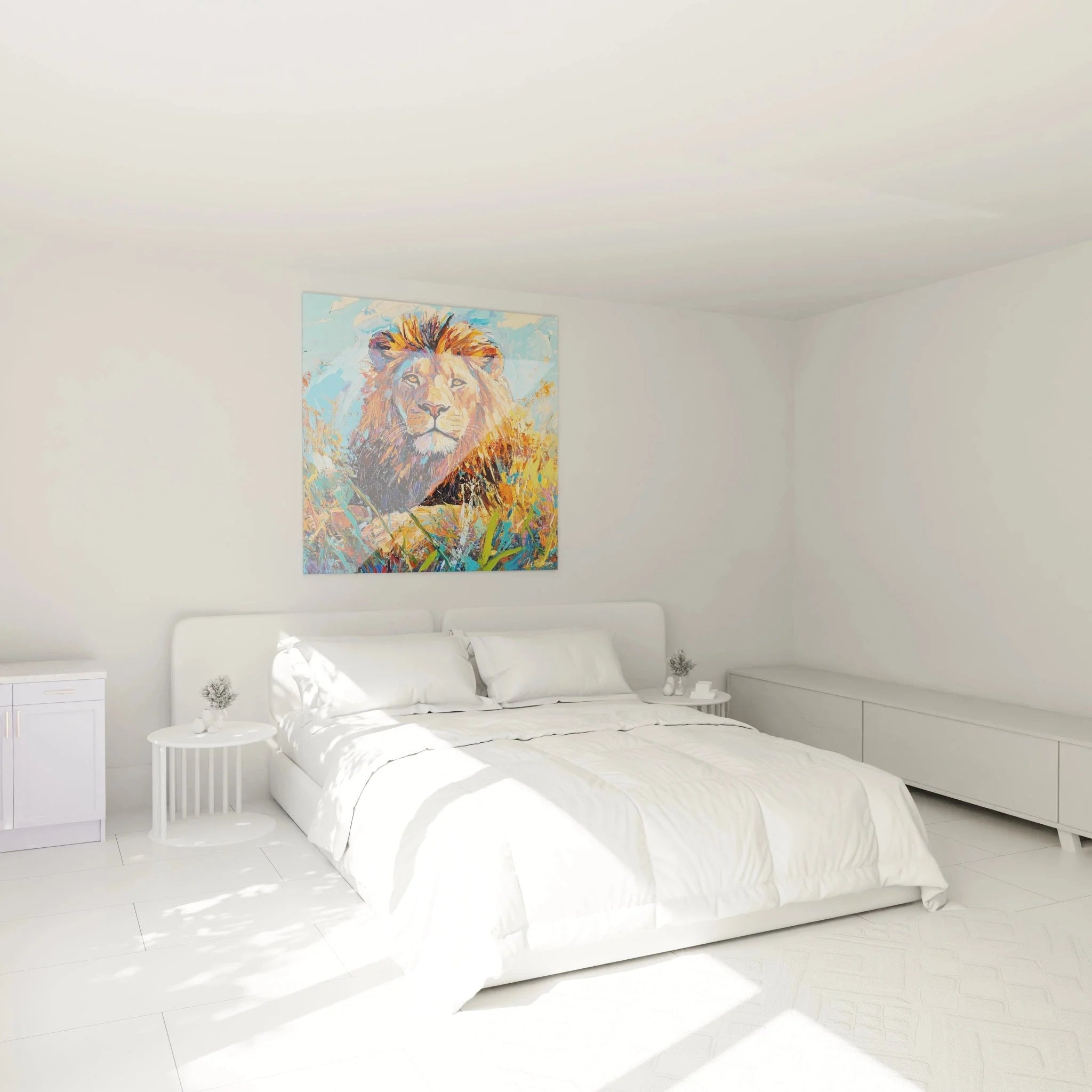 Löwen Wandbild XXL im Schlafzimmer - majestätischer Löwe Kunstdruck als Wanddekoration