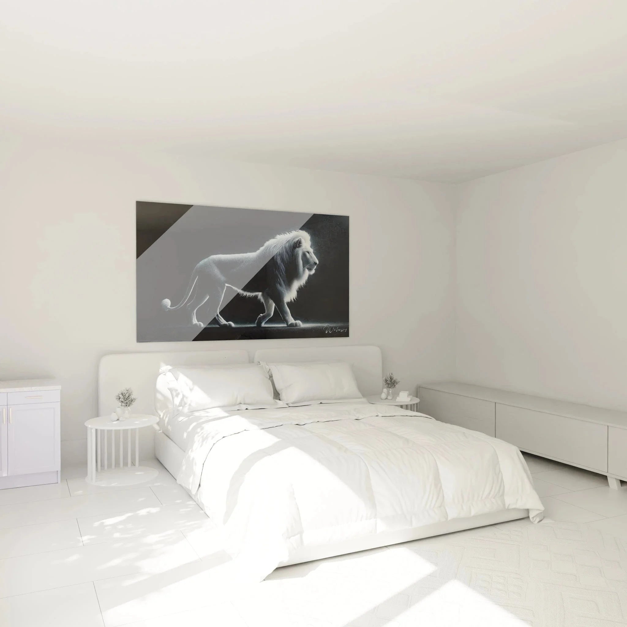 Löwen Wandbild XXL in modernem Schlafzimmer als elegante Wanddeko über dem Bett