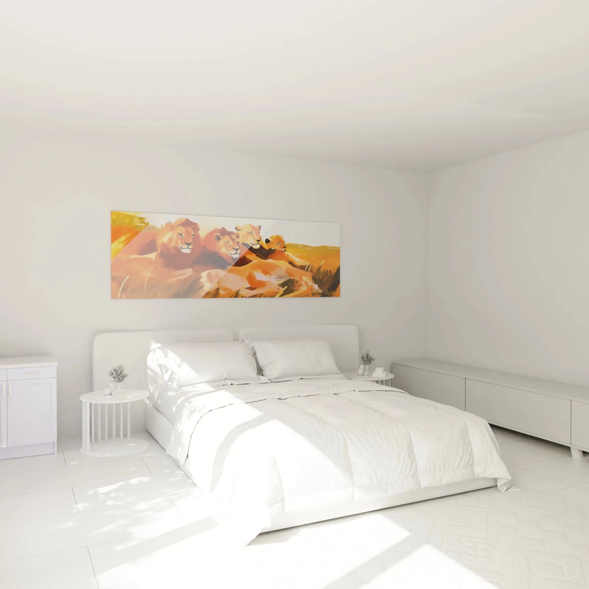 Löwen Wandbild XXL im Schlafzimmer - harmonische Savannendarstellung als moderne Wanddekoration