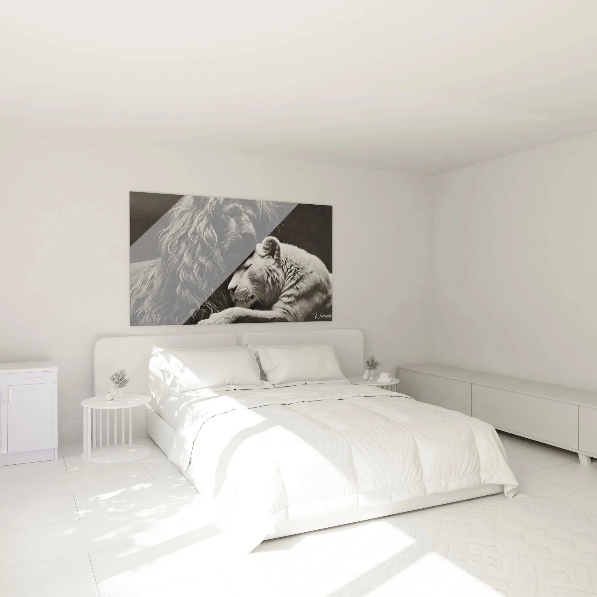 Löwenpaar Wandbild in Schlafzimmer Ambiente mit romantischer schwarzweiß Löwen Wanddekoration über Bett