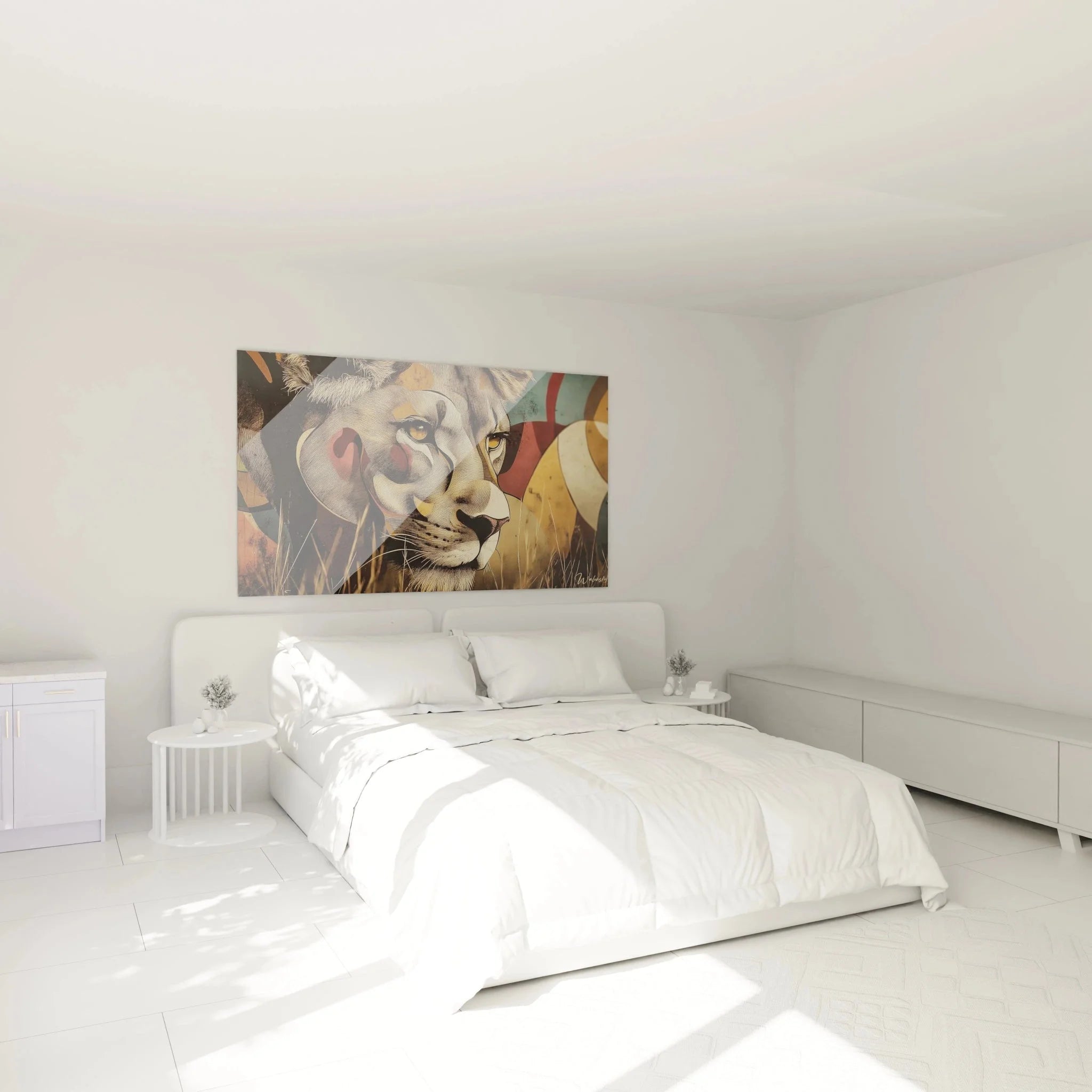 Löwin Wandbild XXL im Schlafzimmer - kubistisches Portrait als moderne Wanddekoration