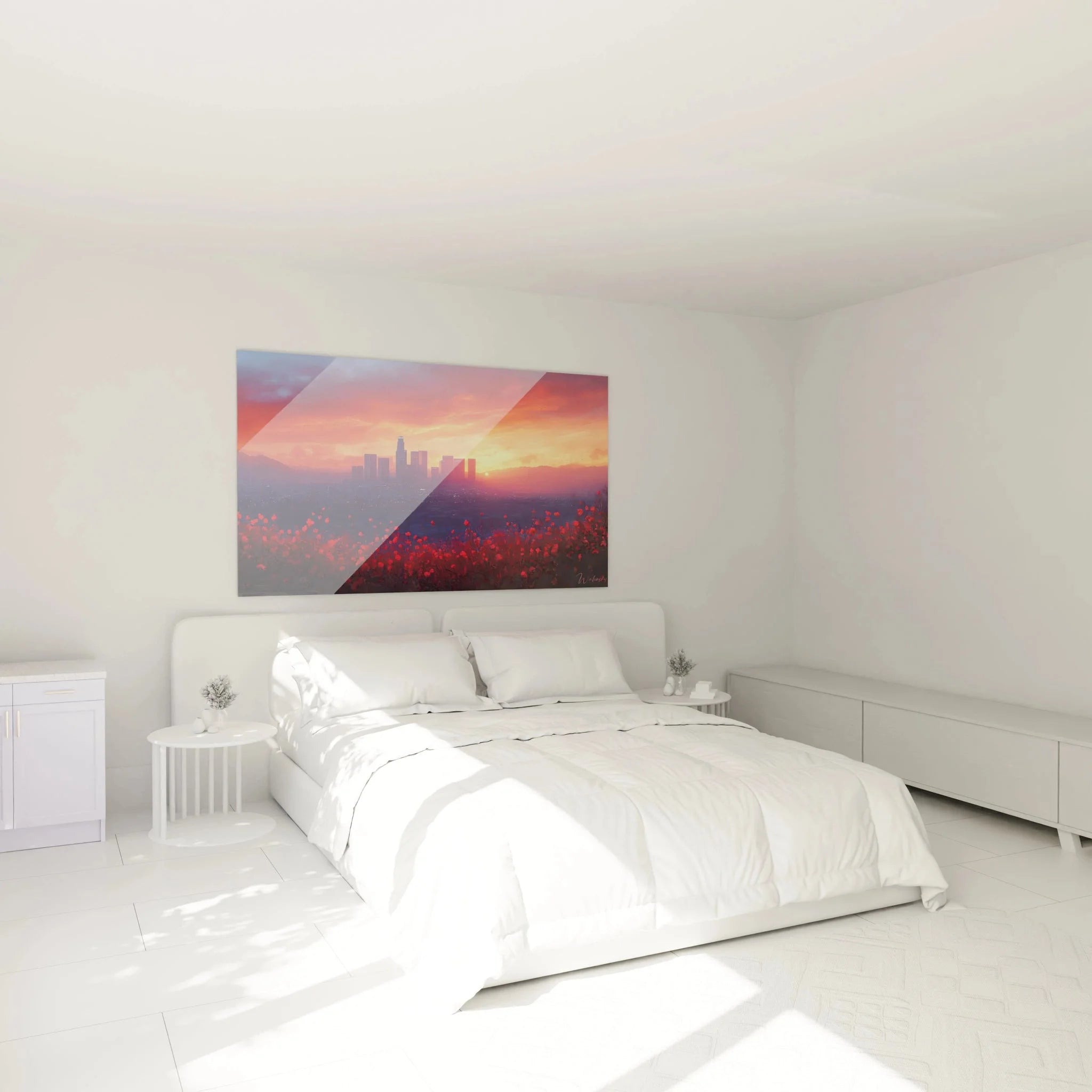 Los Angeles Skyline Wandbild in modernem Schlafzimmer, Sonnenuntergang Stadtbild als Dekoration