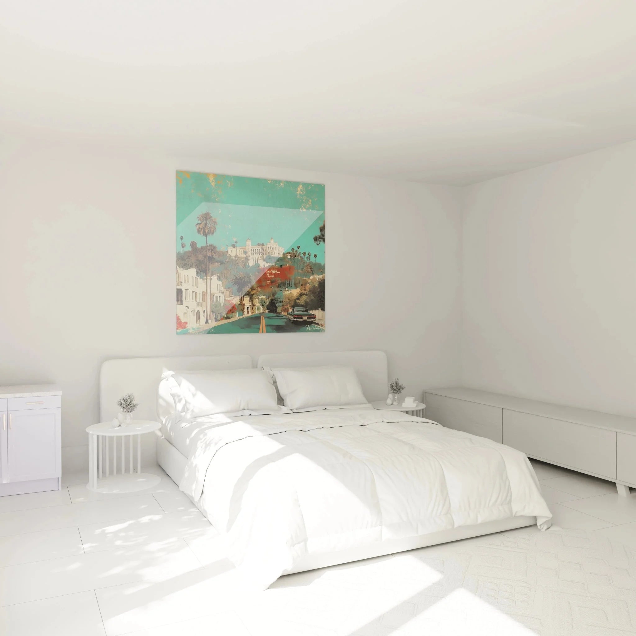 Los Angeles Wandbild in elegantem Schlafzimmer-Ambiente mit moderner Einrichtung