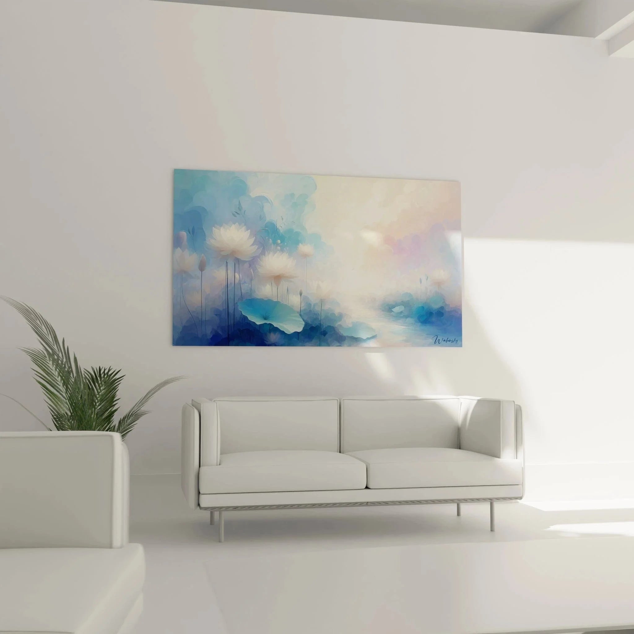 Detailansicht der weißen Lotusblüten im mystischen Nebel - abstrakte Wandkunst