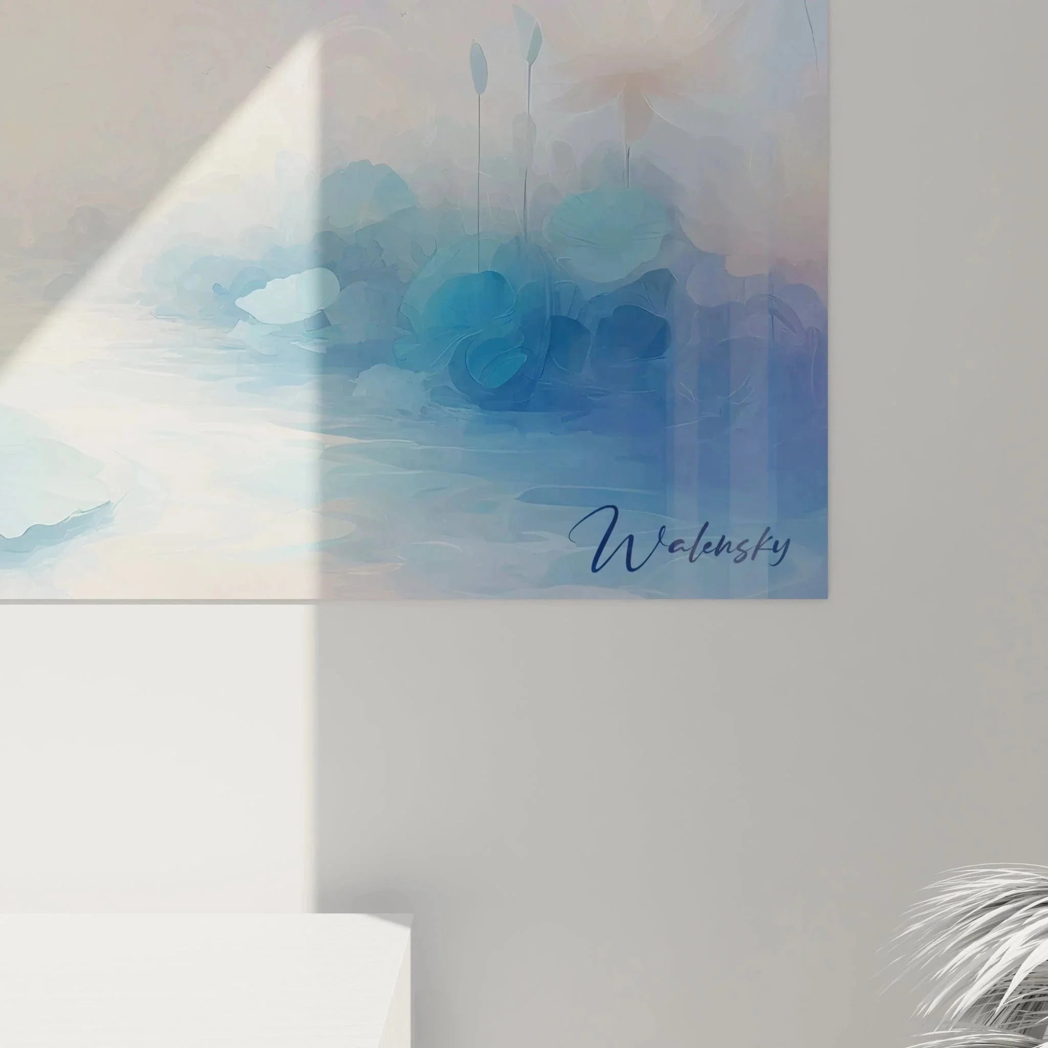 Gesamtansicht Wandbild Lotusblüten abstrakt - meditative Atmosphäre in Blau und Pastellfarben