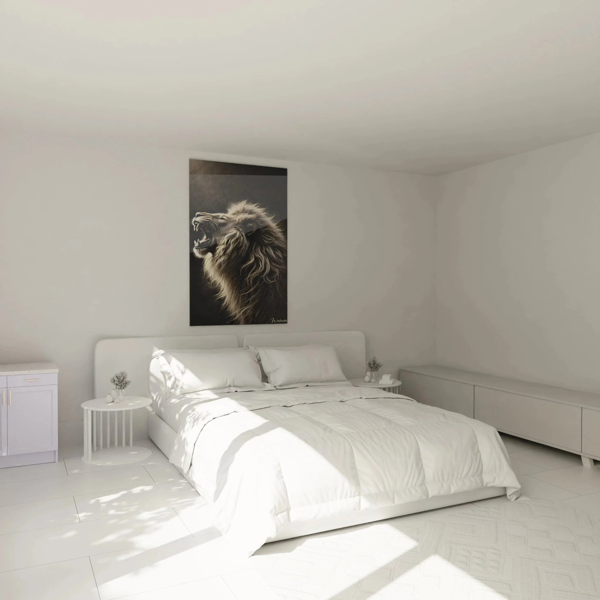 Löwen Wandbild XXL in modernem Schlafzimmer als kraftvolle Wanddeko