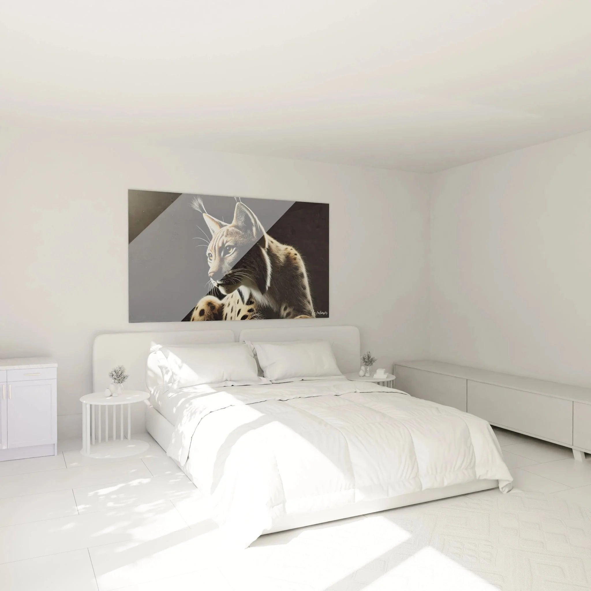 Luchs Wandbild XXL in modernem Schlafzimmer Ambiente mit stilvoller Wanddekoration