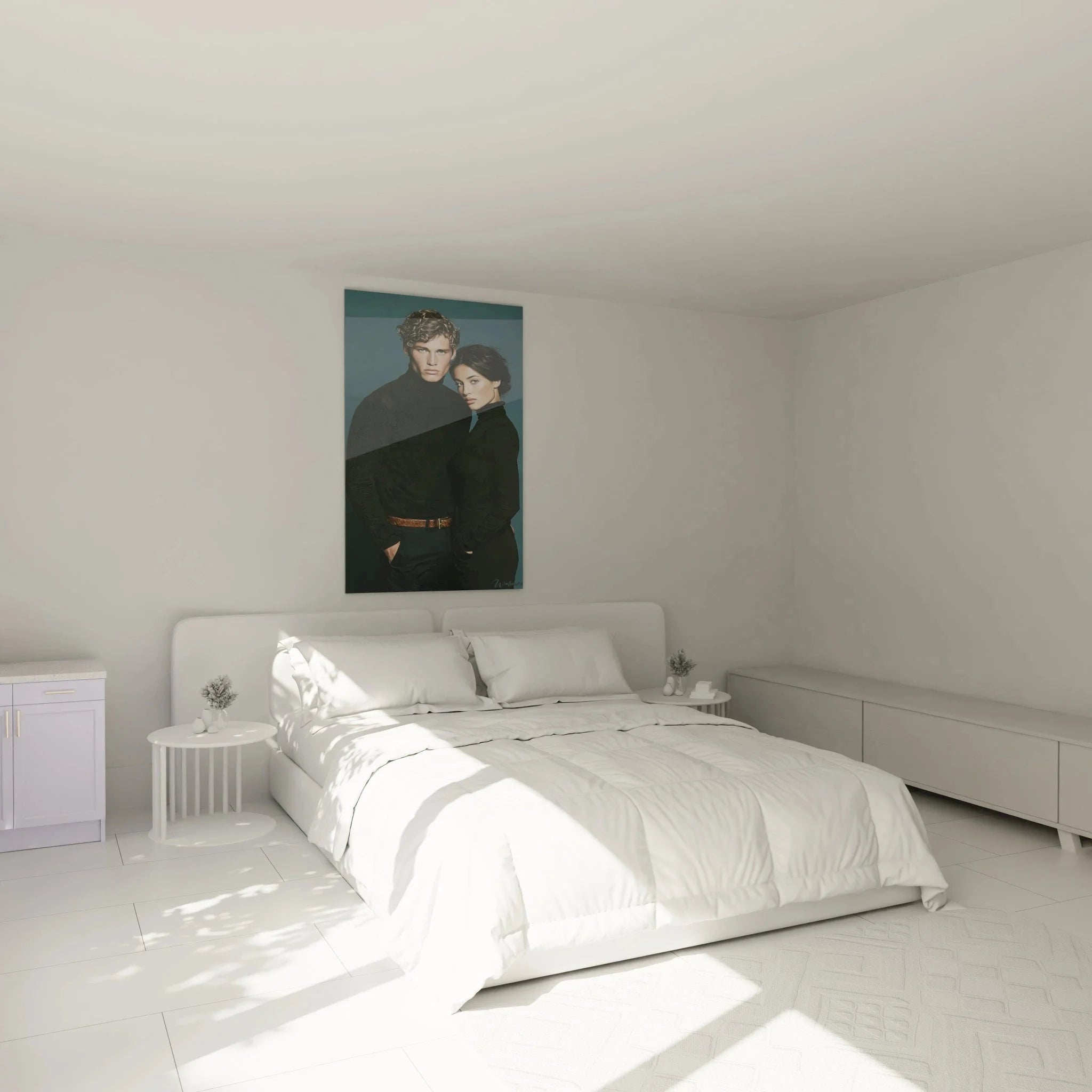 Stilvolles Männerpaar Wandbild in modernem Schlafzimmer, elegante Wanddekoration männliche Ästhetik