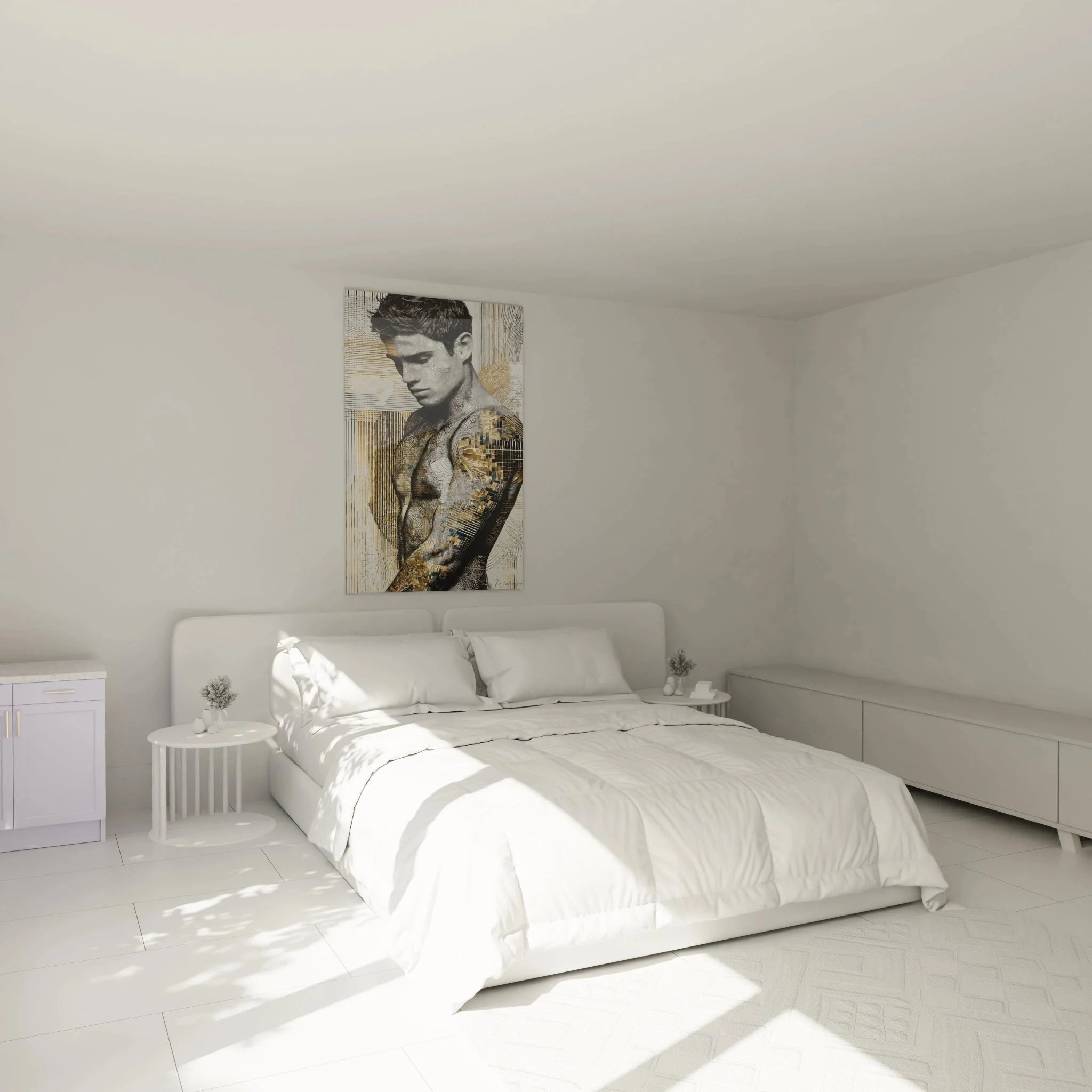 Modernes Männerportrait Wandbild in elegantem Schlafzimmer-Ambiente mit stilvollen Möbeln