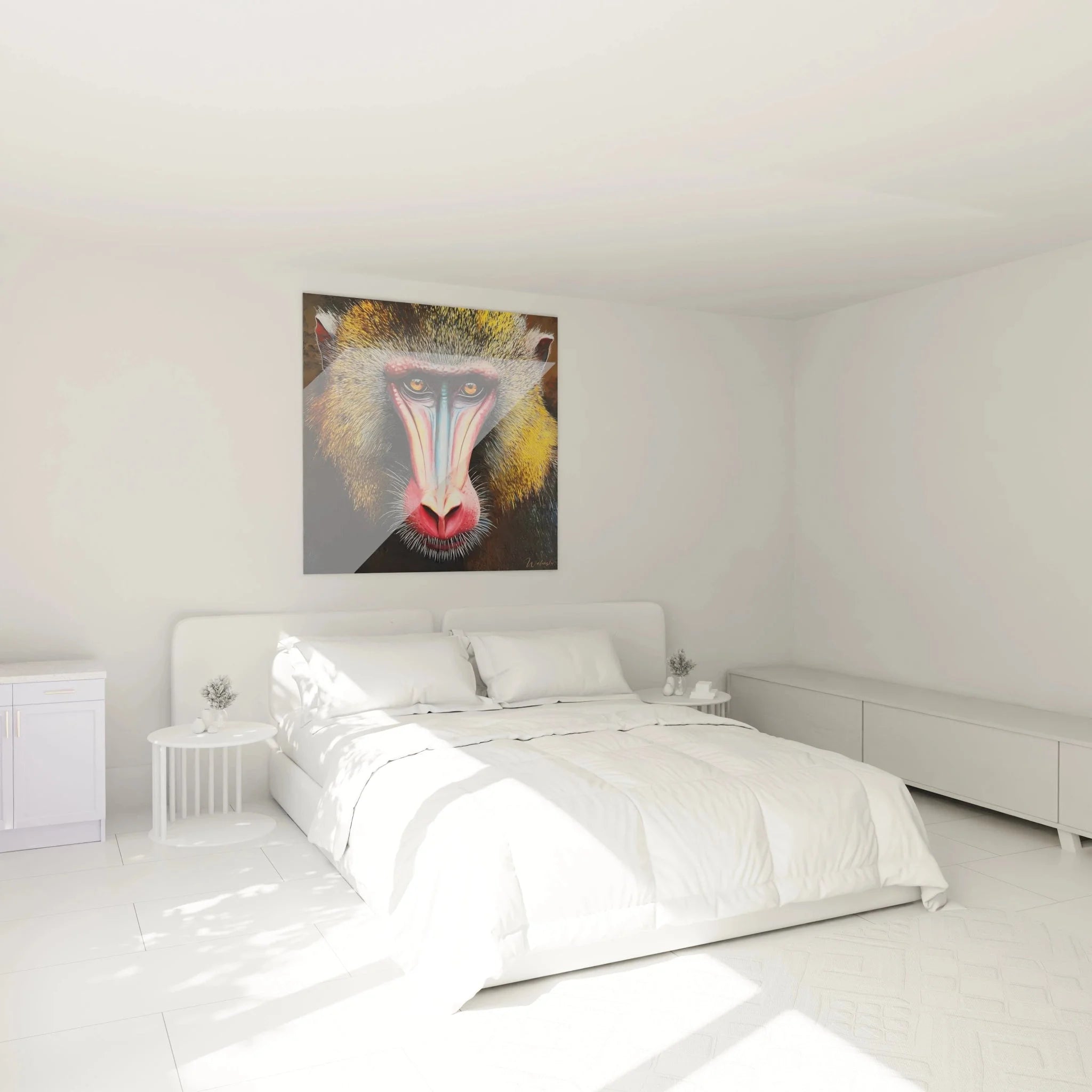 Mandrill Wandbild XXL in modernem Schlafzimmer als stilvoller Wandschmuck und Blickfang