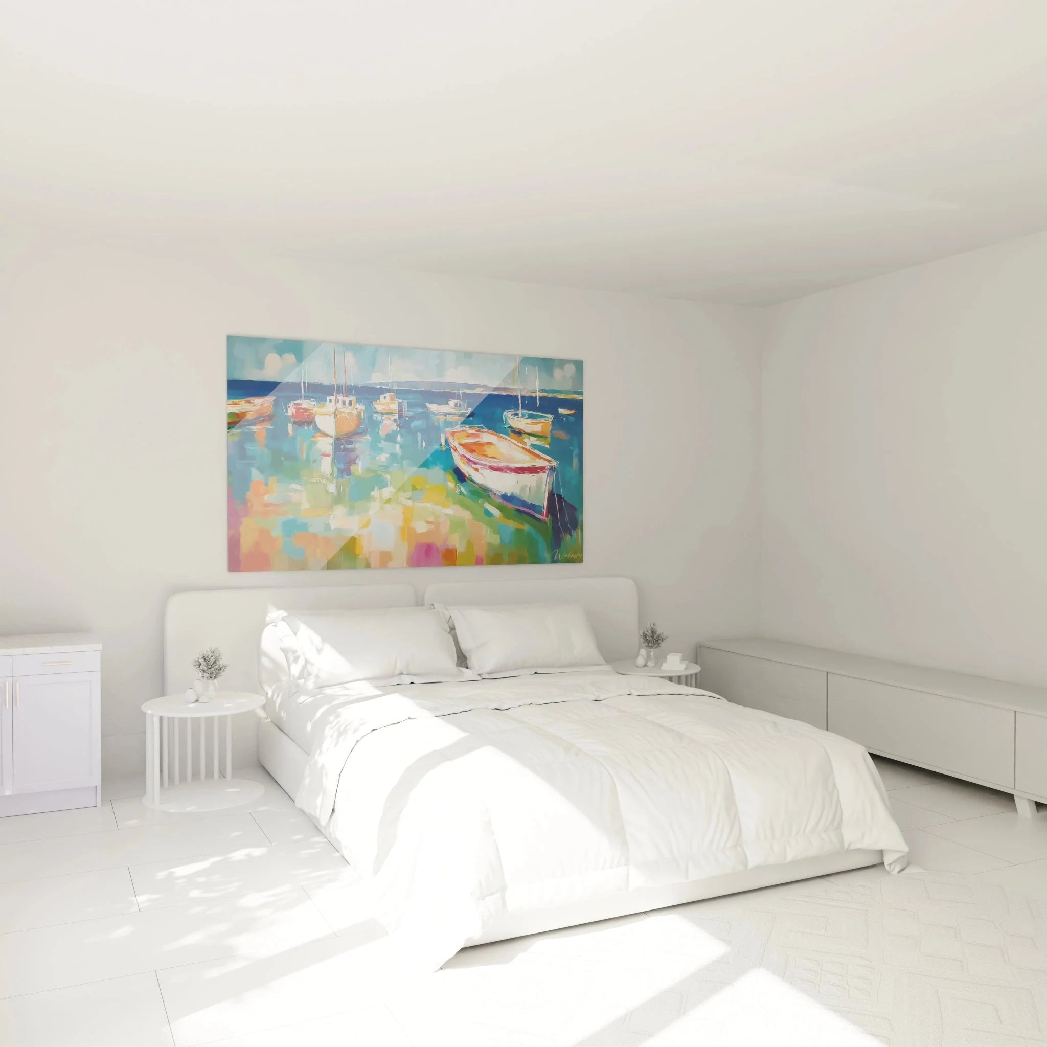 Maritime Wanddekoration Boote Hafen in Schlafzimmer Ambiente, impressionistische Kunst an der Wand