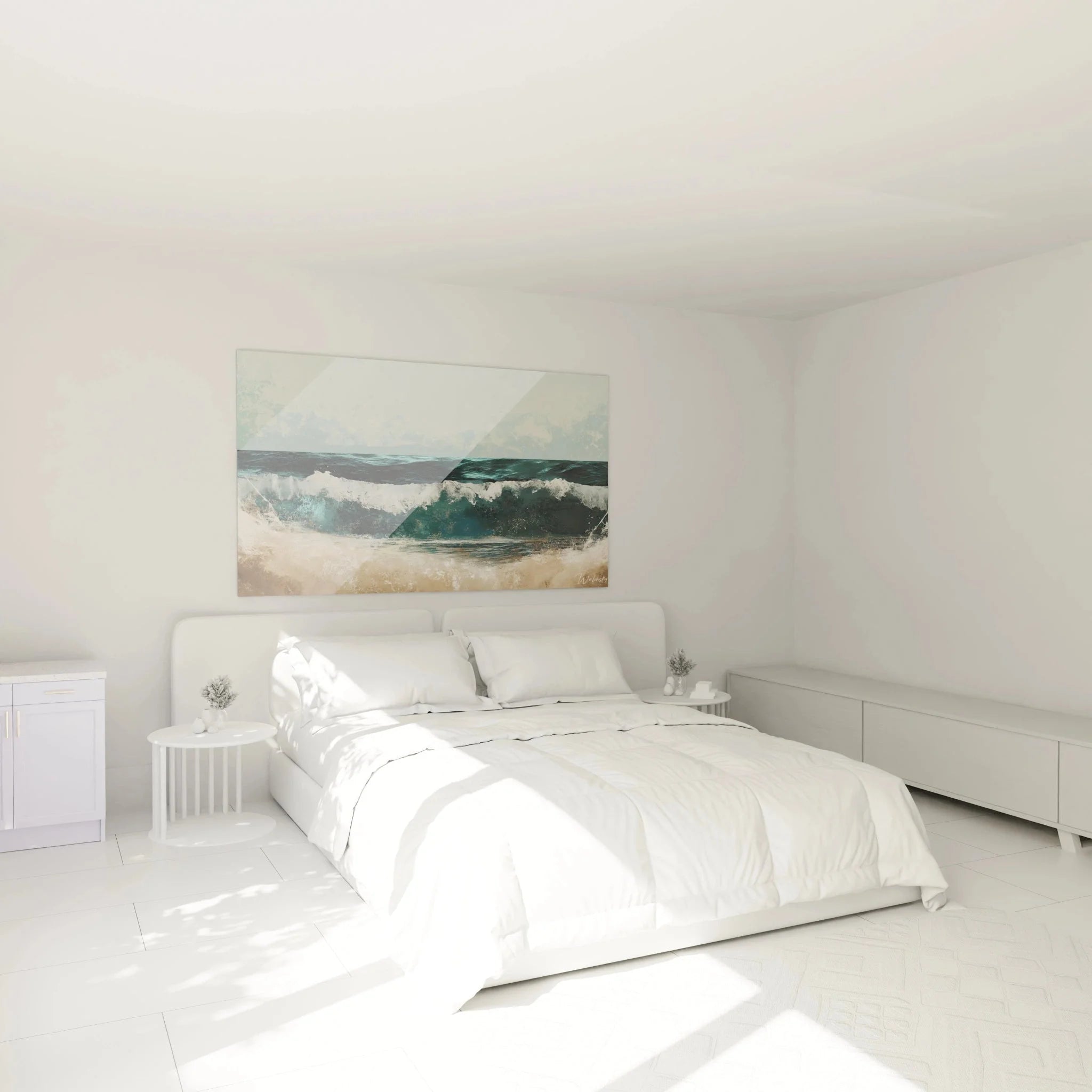 Maritime Wanddekoration Meereswellen in modernem Schlafzimmer, Ozean Kunstdruck über dem Bett