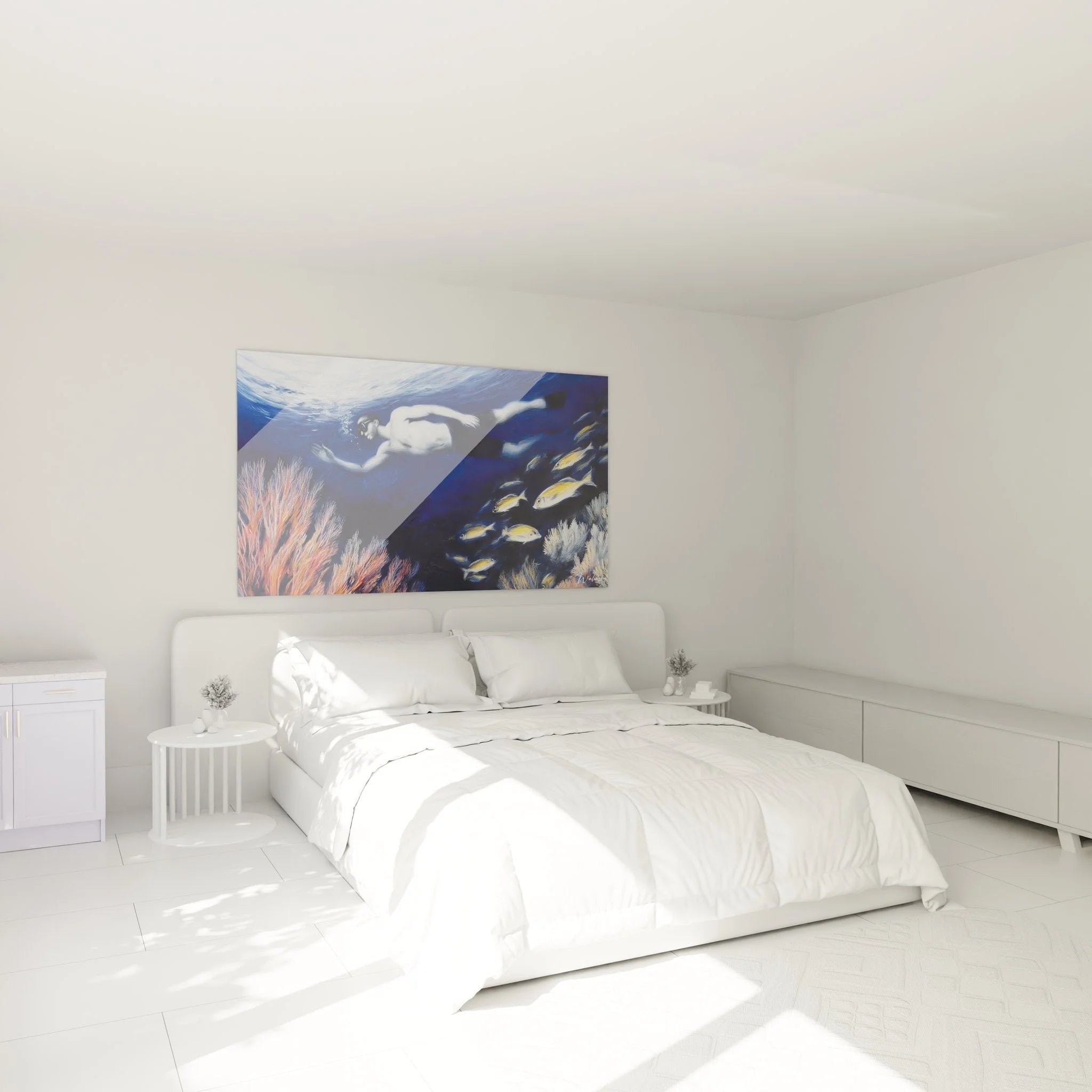 Maritimes Wandbild Taucher im Schlafzimmer als moderne Wanddekoration