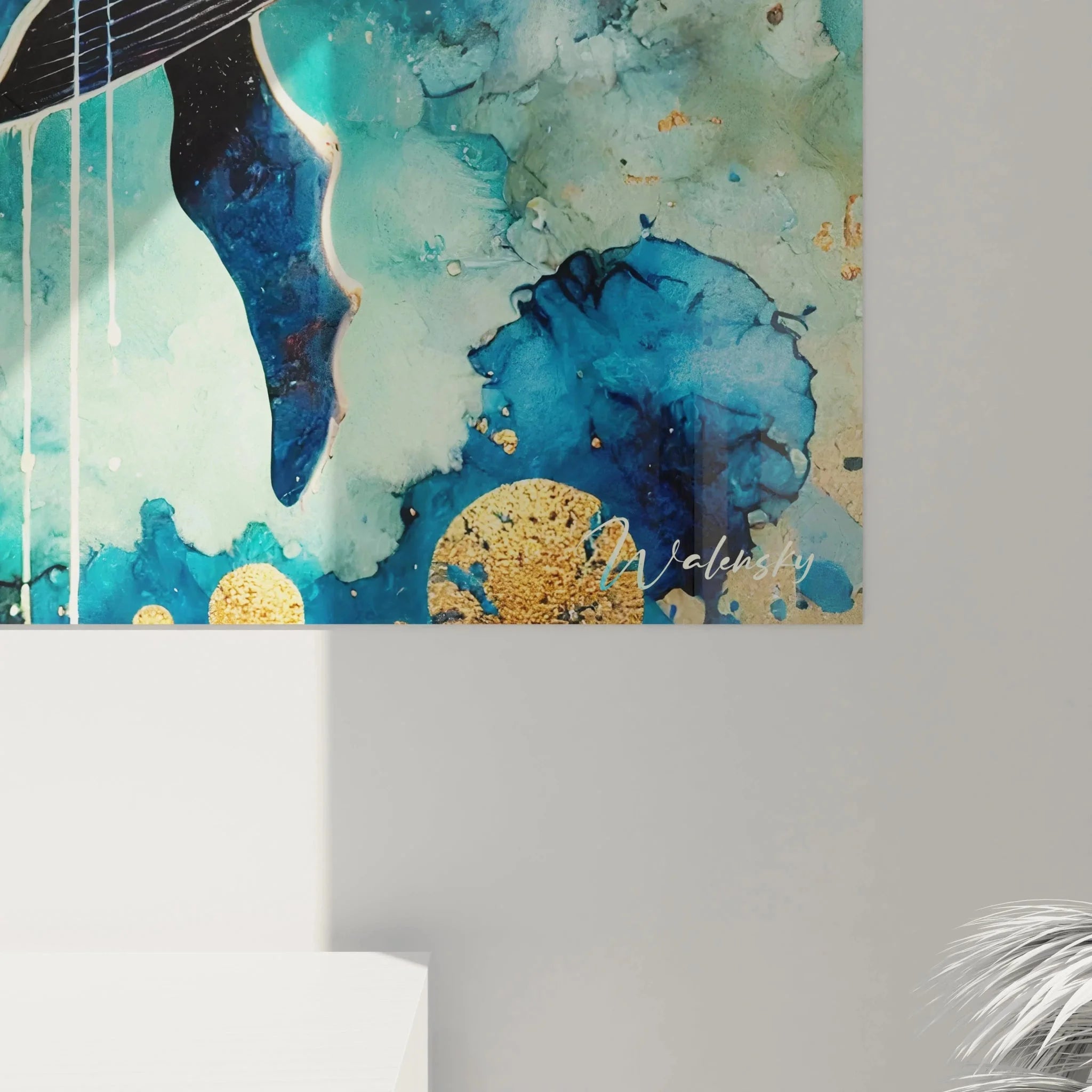 Gesamtansicht maritime Wanddekoration - Wal im Kosmos als Statement-Piece für moderne Wohnräume