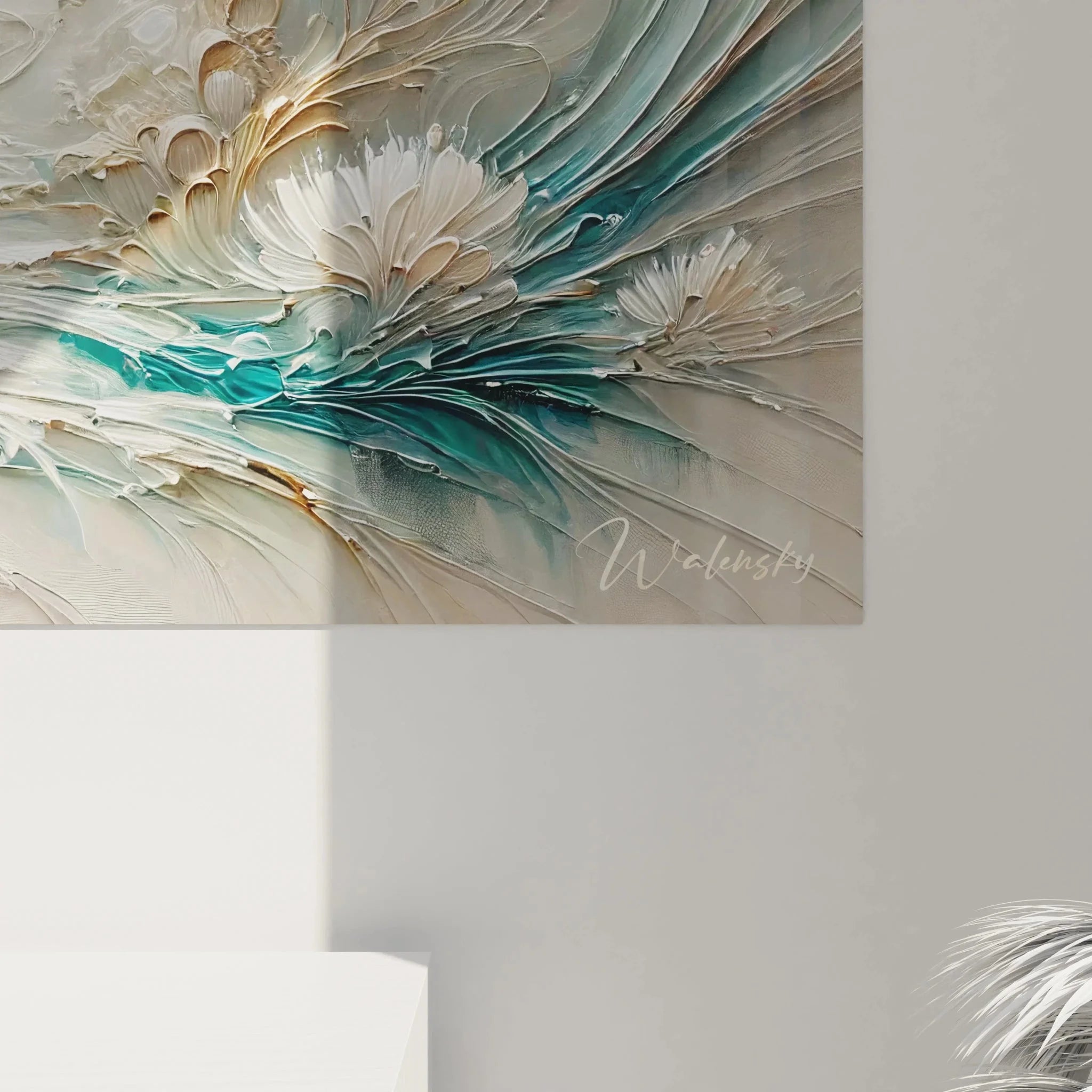 Gesamtansicht maritime Wandkunst - Clownfisch Leinwandbild mit Korallenelementen Übersicht