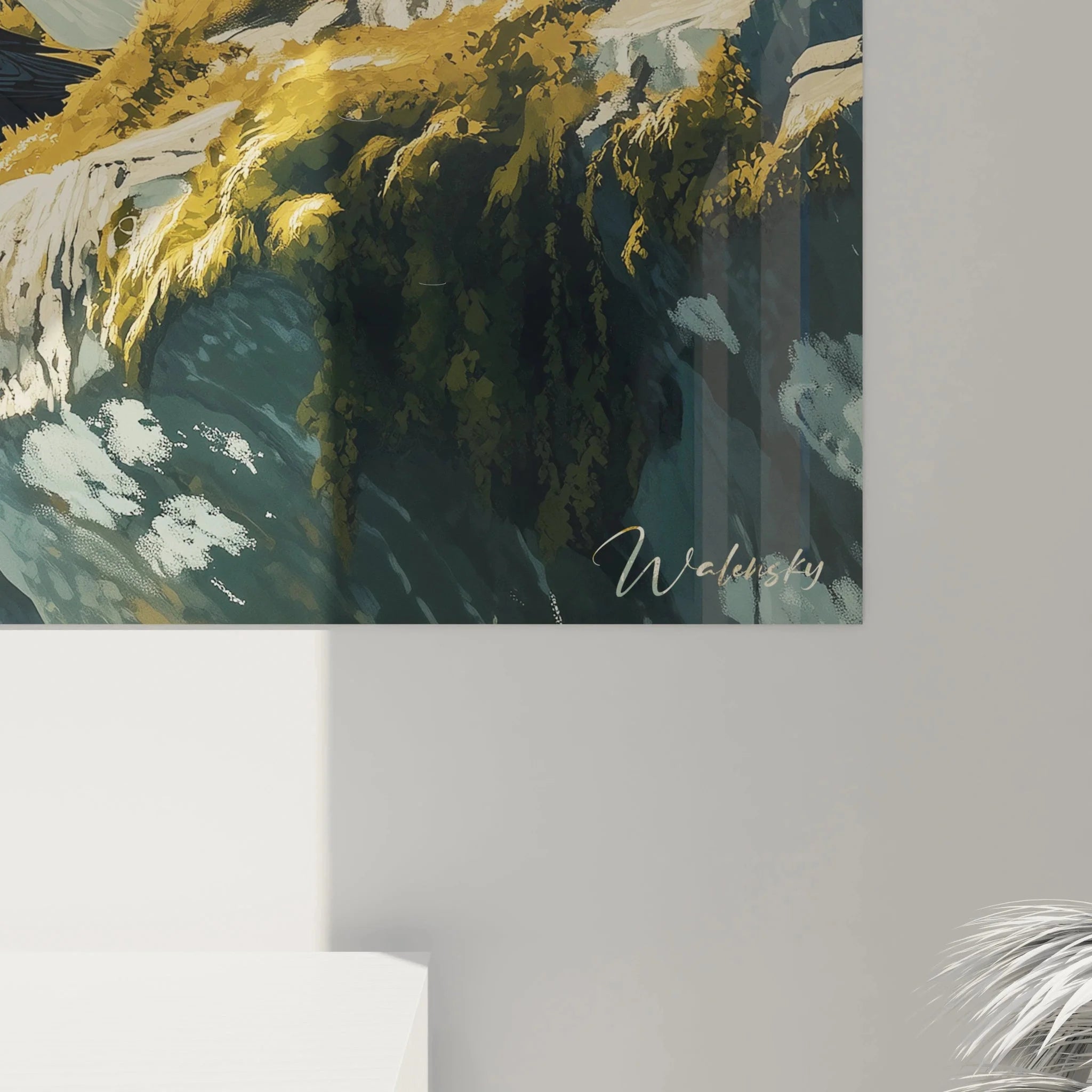 Gesamtansicht maritime Wandkunst Papageitaucher Kolonie als hochwertige Wanddekoration für Wohnräume