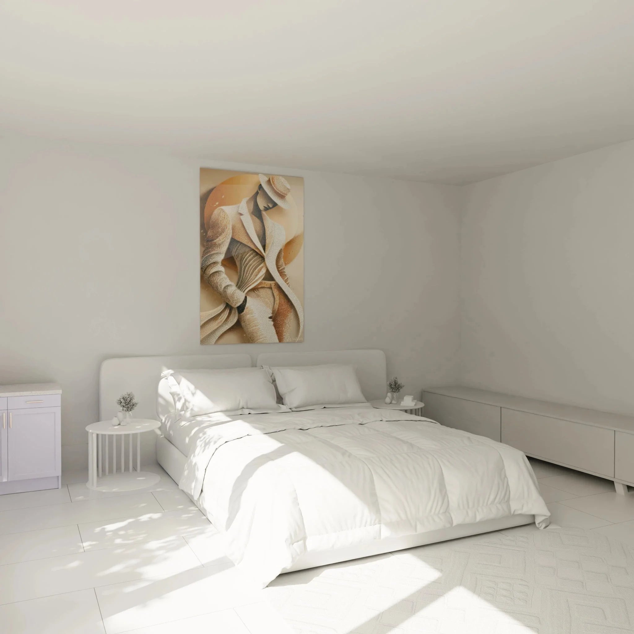 Wandbild elegant gekleideter Mann im Schlafzimmer, maskuline Wanddekoration in modernem Ambiente