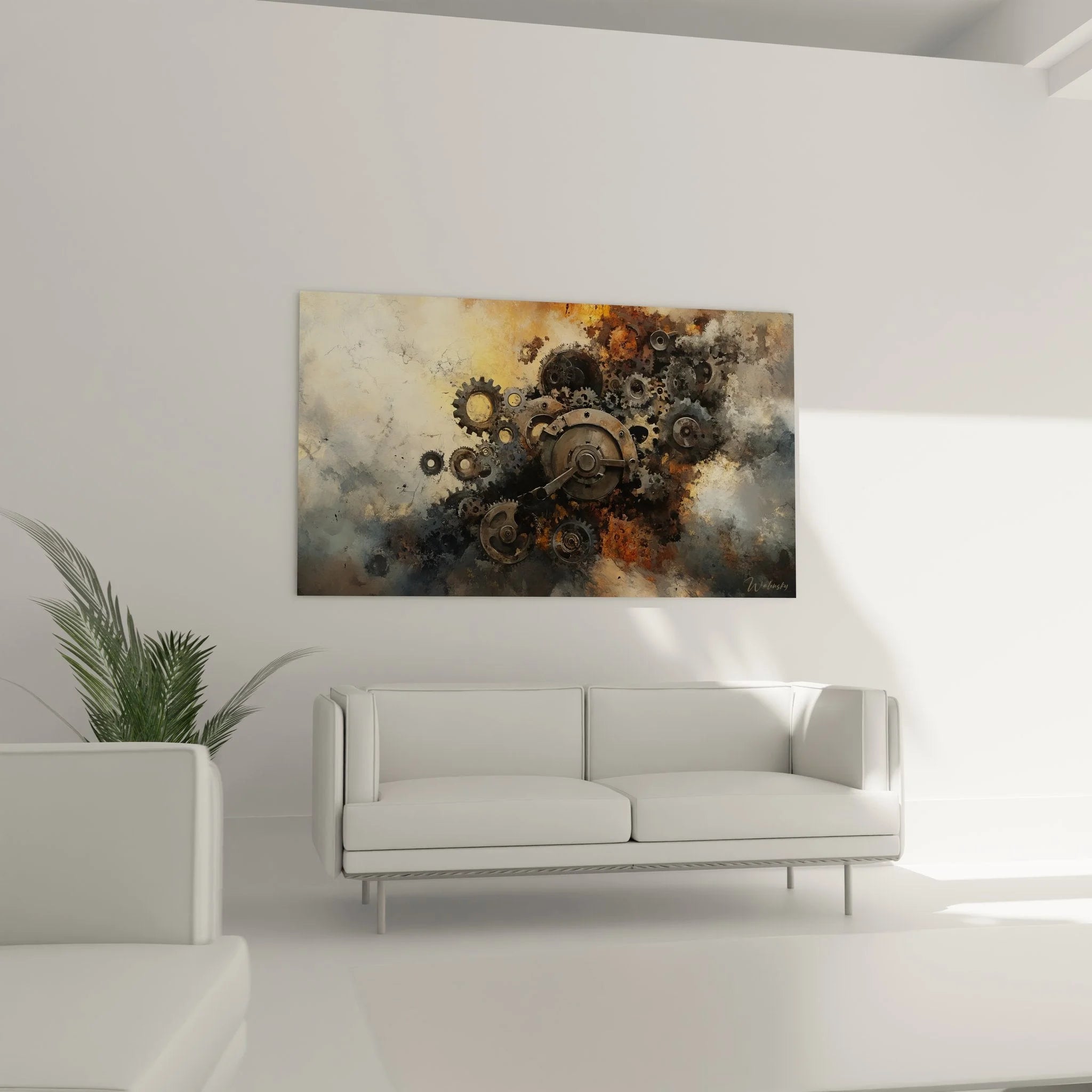 Detailansicht mechanische Zahnräder Wandkunst mit authentischen Rost- und Metalleffekten in hoher Qualität