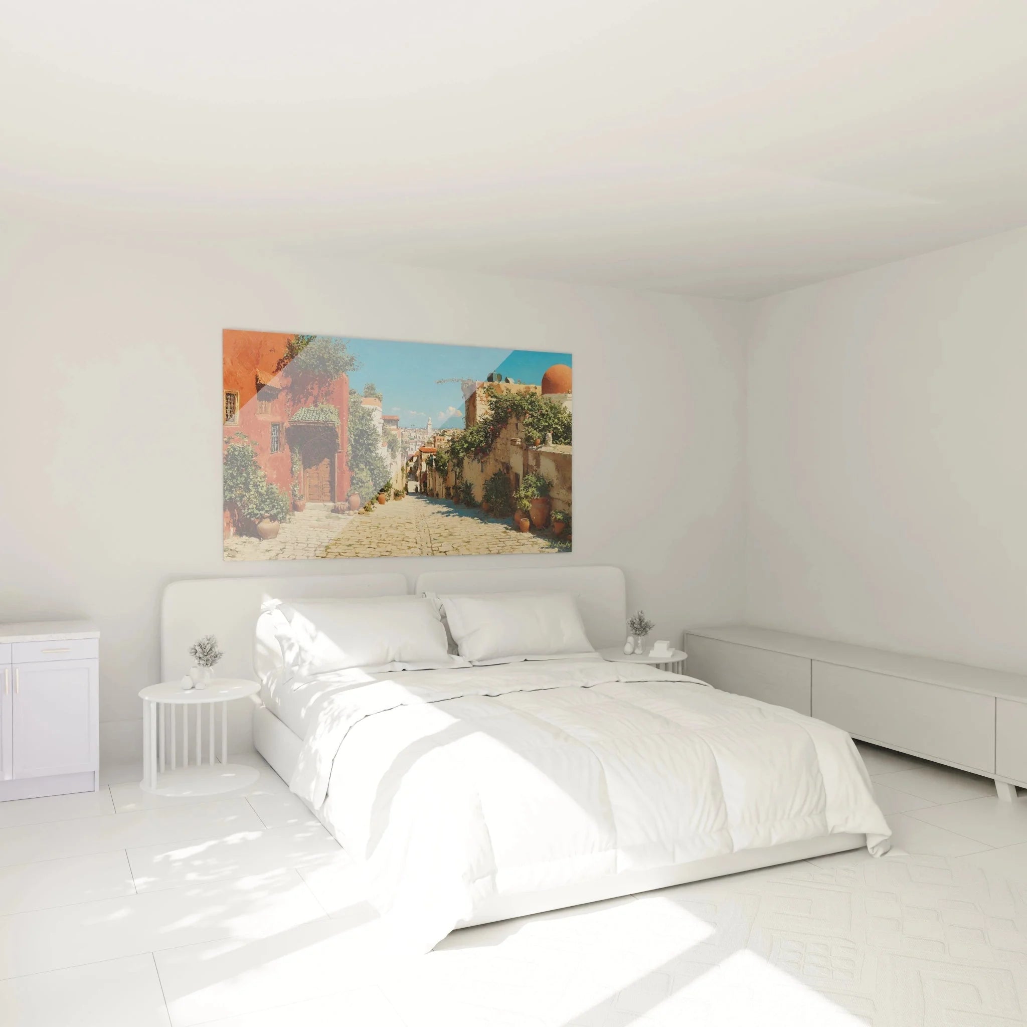 Mediterrane Altstadt Wanddekoration im Schlafzimmer mit warmen orientalistischen Farbtönen