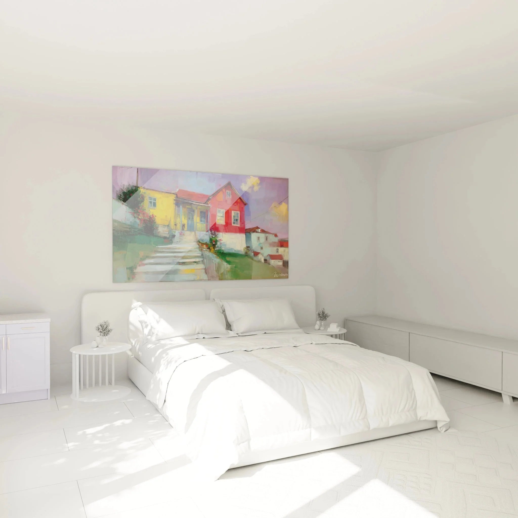 Mediterrane bunte Häuser Wandbild in Schlafzimmer Ambiente mit warmen Farben und Impressionismus Design