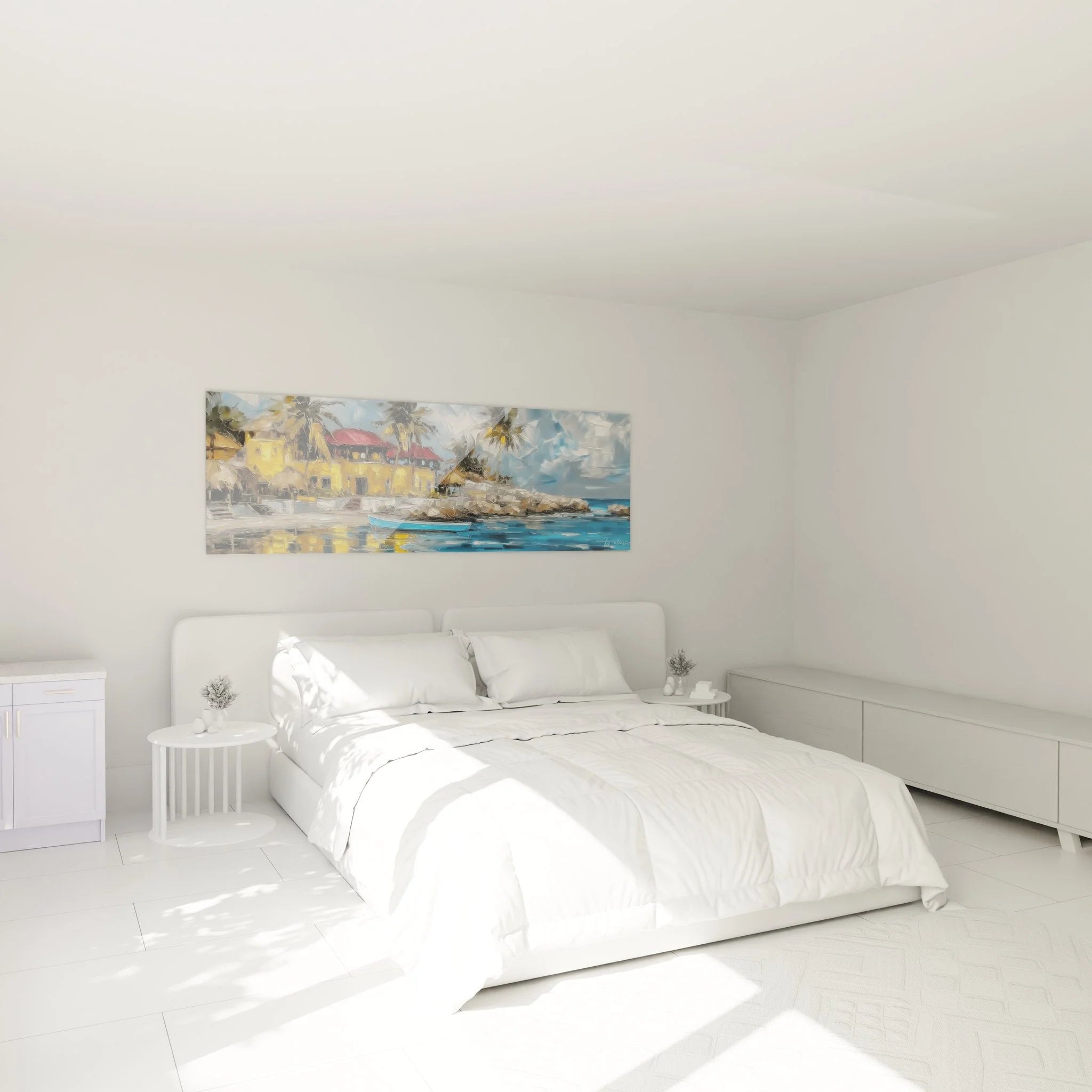 Mediterrane Küstenlandschaft als Wandbild im Schlafzimmer - tropische Hafenidylle Dekoration