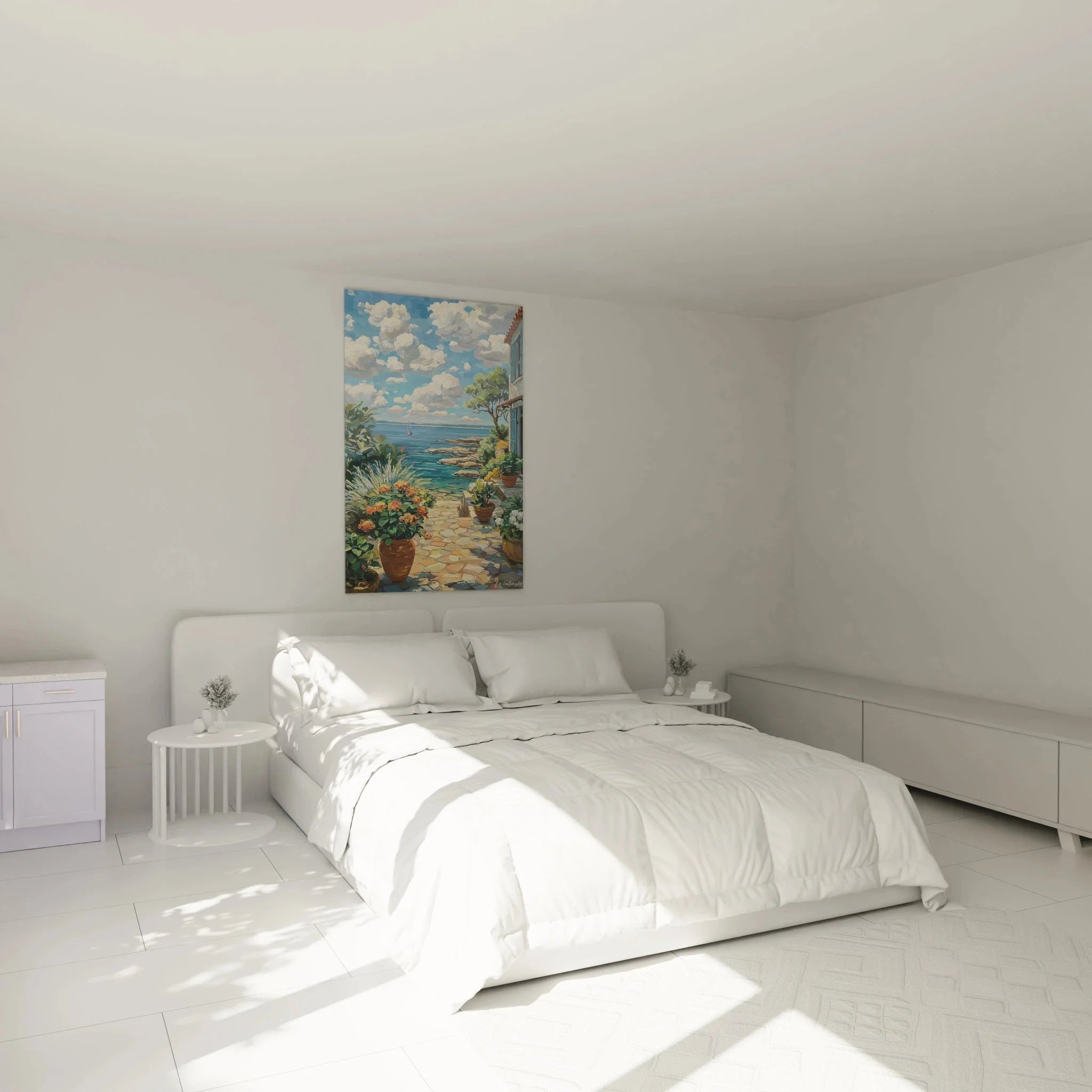 Mediterrane Terrasse Wandbild in gemütlichem Schlafzimmer mit Meerblick und Sommeratmosphäre