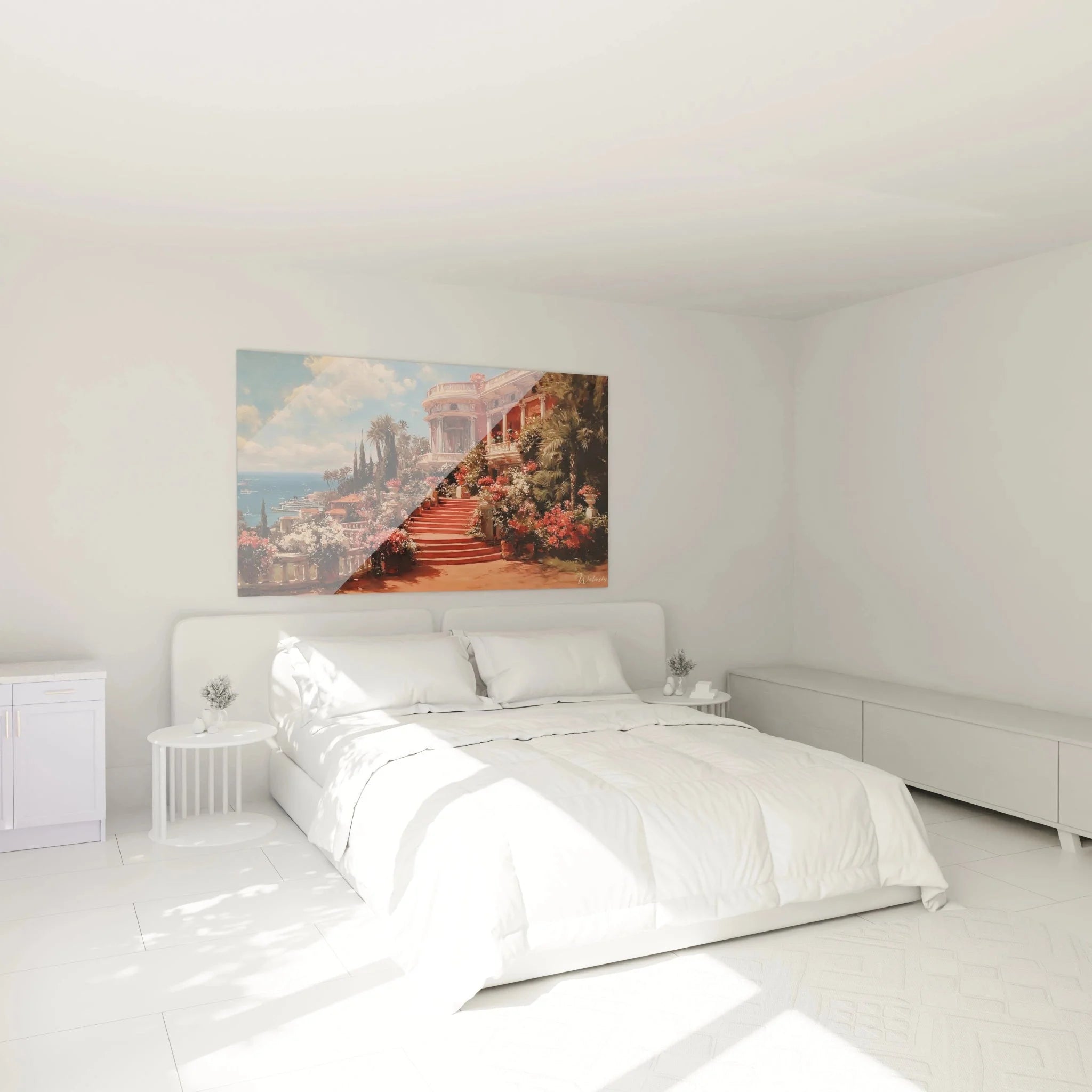 Elegante mediterrane Villa Wanddekoration im Schlafzimmer - klassizistische Kunst mit südländischem Flair