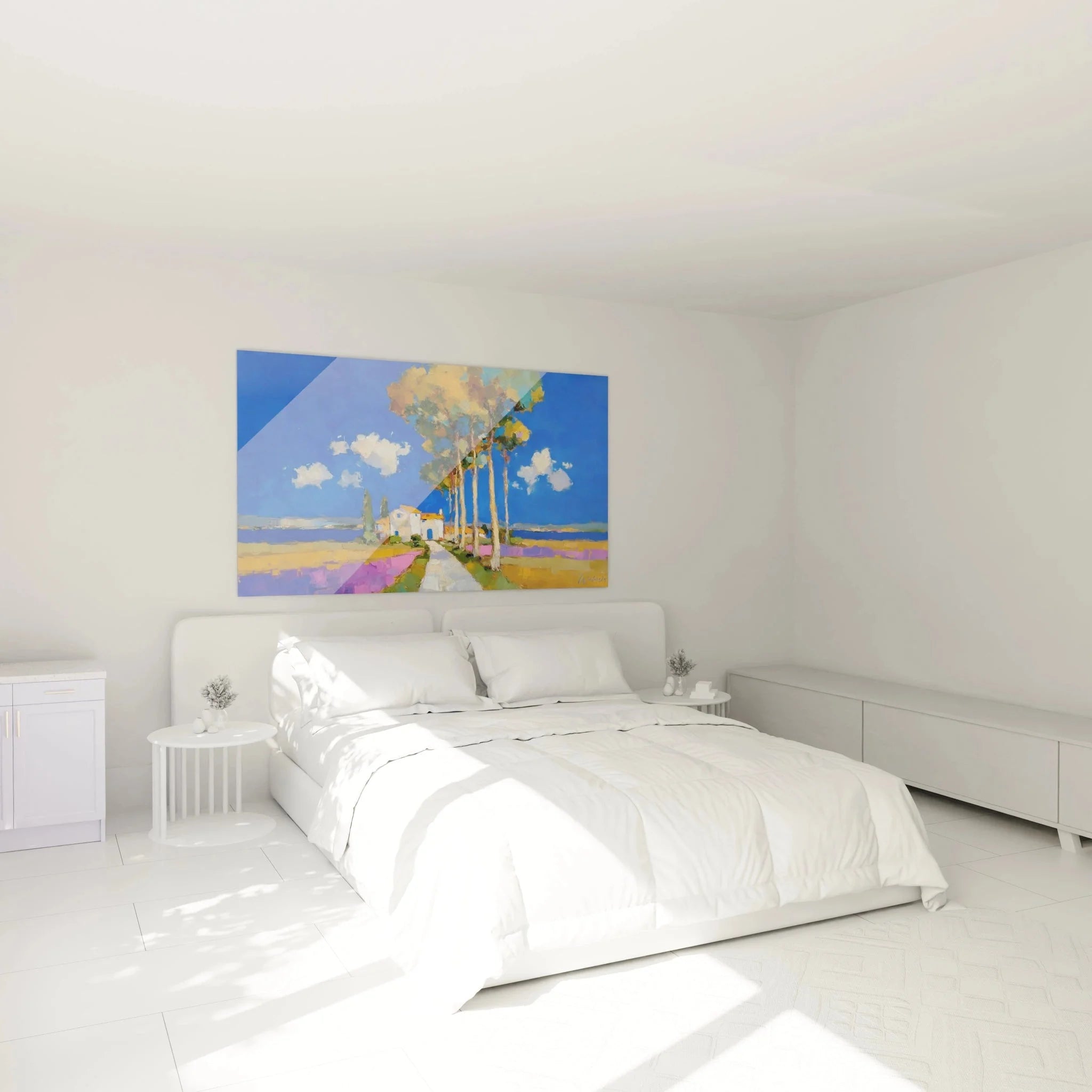Mediterrane Wanddekoration mit Palmen in Schlafzimmer Ambiente, impressionistische Küstenlandschaft