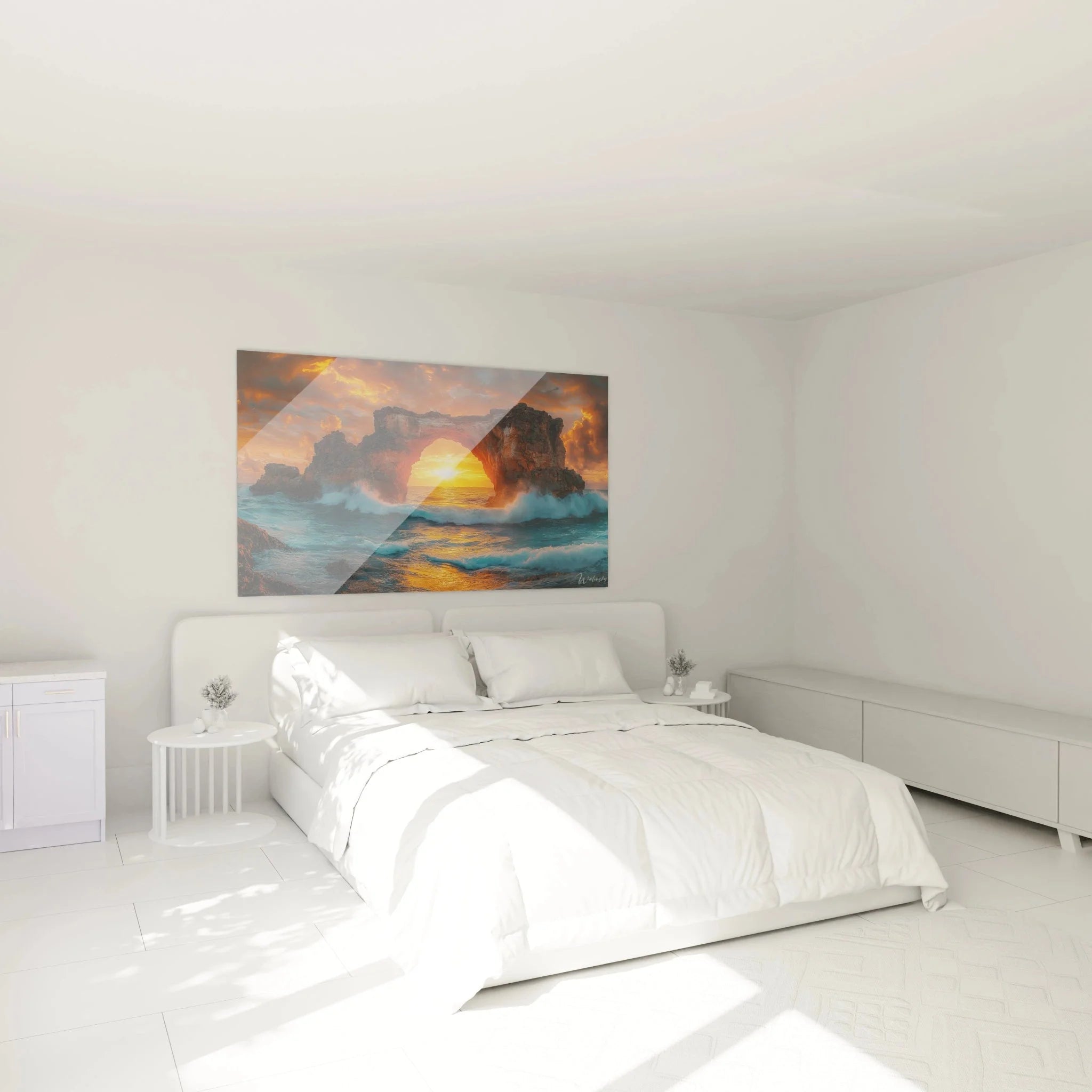 Meerestor Wandbild XXL in modernem Schlafzimmer mit Felsbogen bei Sonnenuntergang und Wellenspiel
