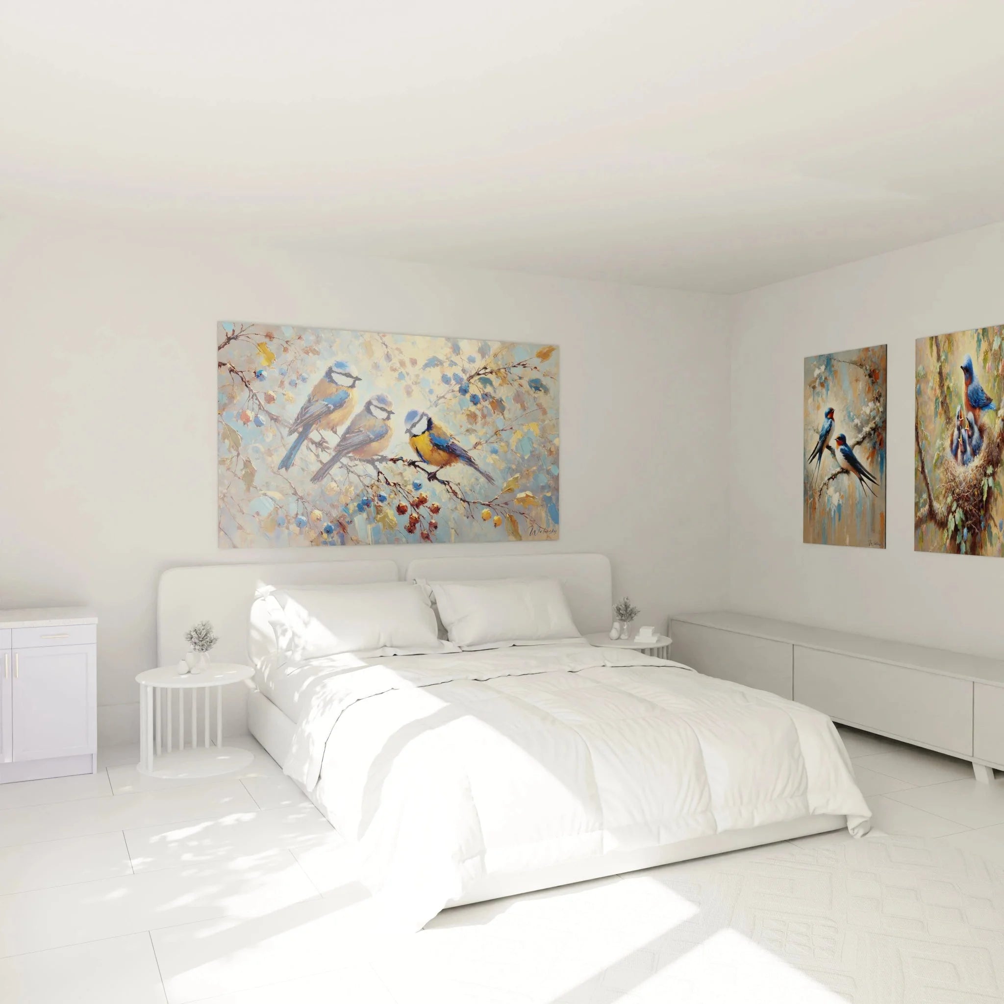 Meisen Wandbild XXL in Schlafzimmer Ambiente - drei Vögel Wanddekoration