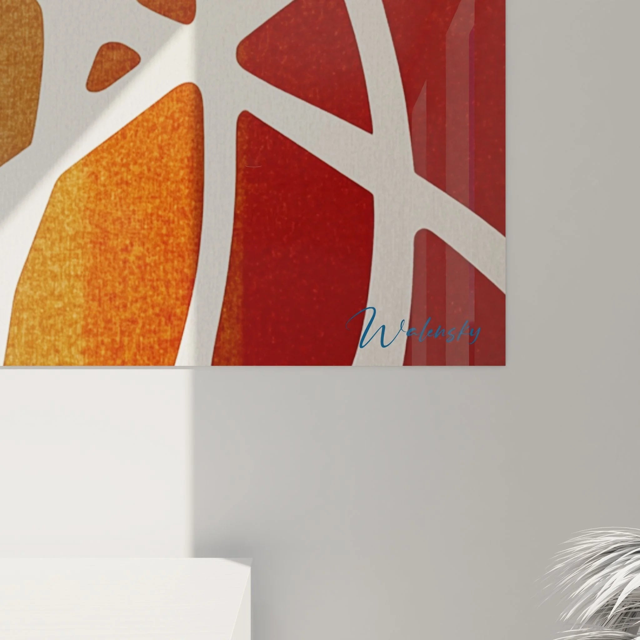 Gesamtansicht des minimalistischen Wandbildes mit abstrakten Linien und Farbverläufen