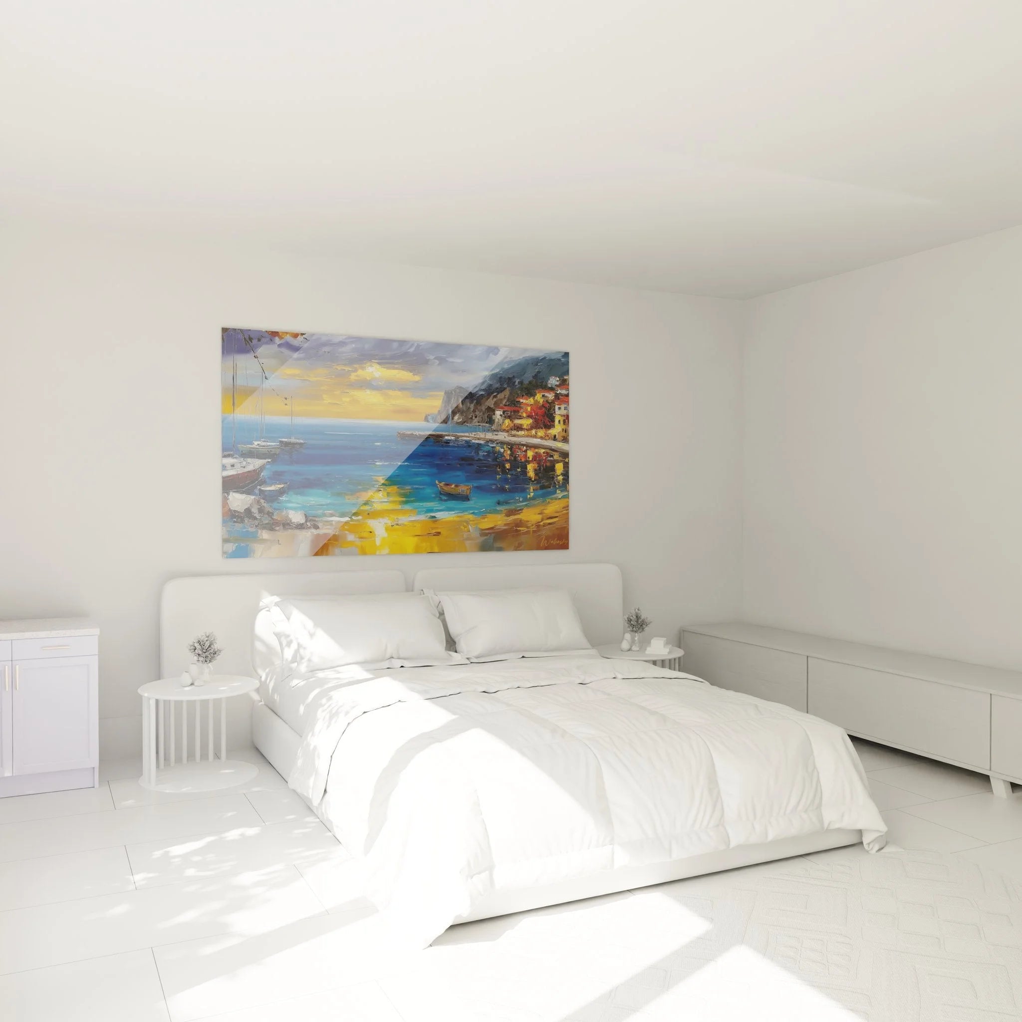 Mittelmeerhafen Wandbild XXL als Schlafzimmer Dekoration mit warmem Sonnenuntergang über Hafenbucht