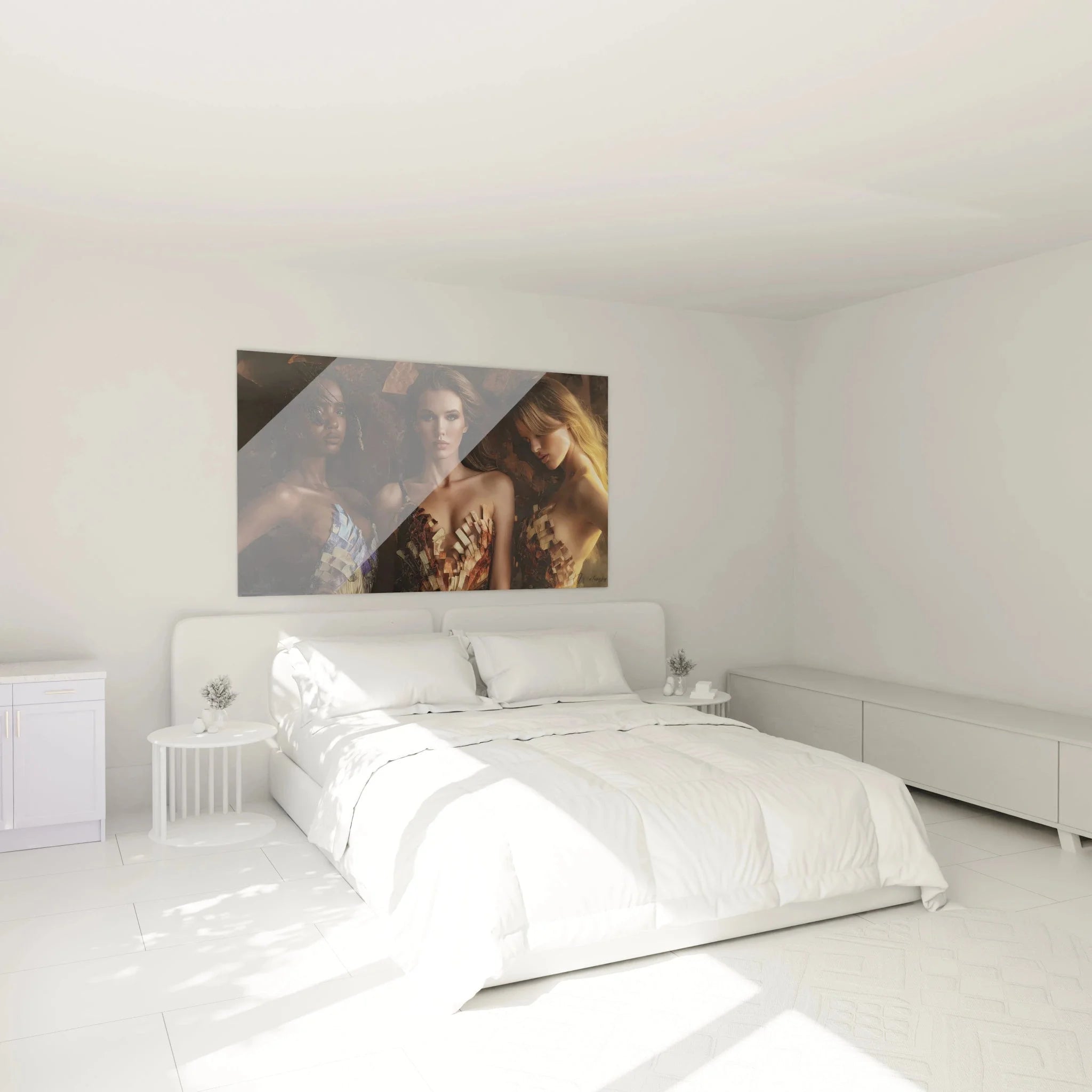 Mode Wandbild XXL im Schlafzimmer, Haute Couture Wandkunst, stilvolle Fashion Dekoration an weißer Wand