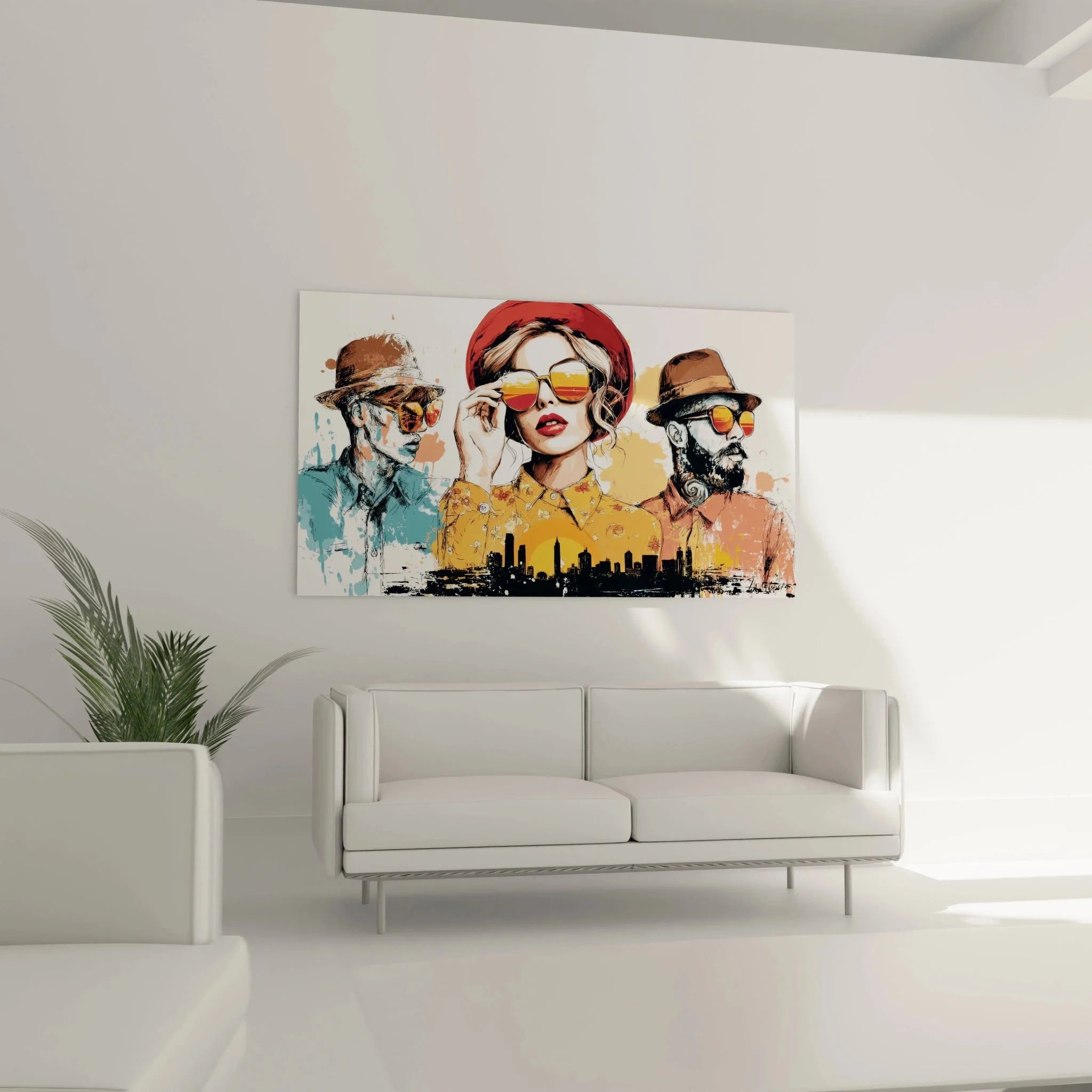 Detailansicht Modeillustration Wandbild - Frau mit rotem Beret und gelber Bluse justiert orangene Sonnenbrille