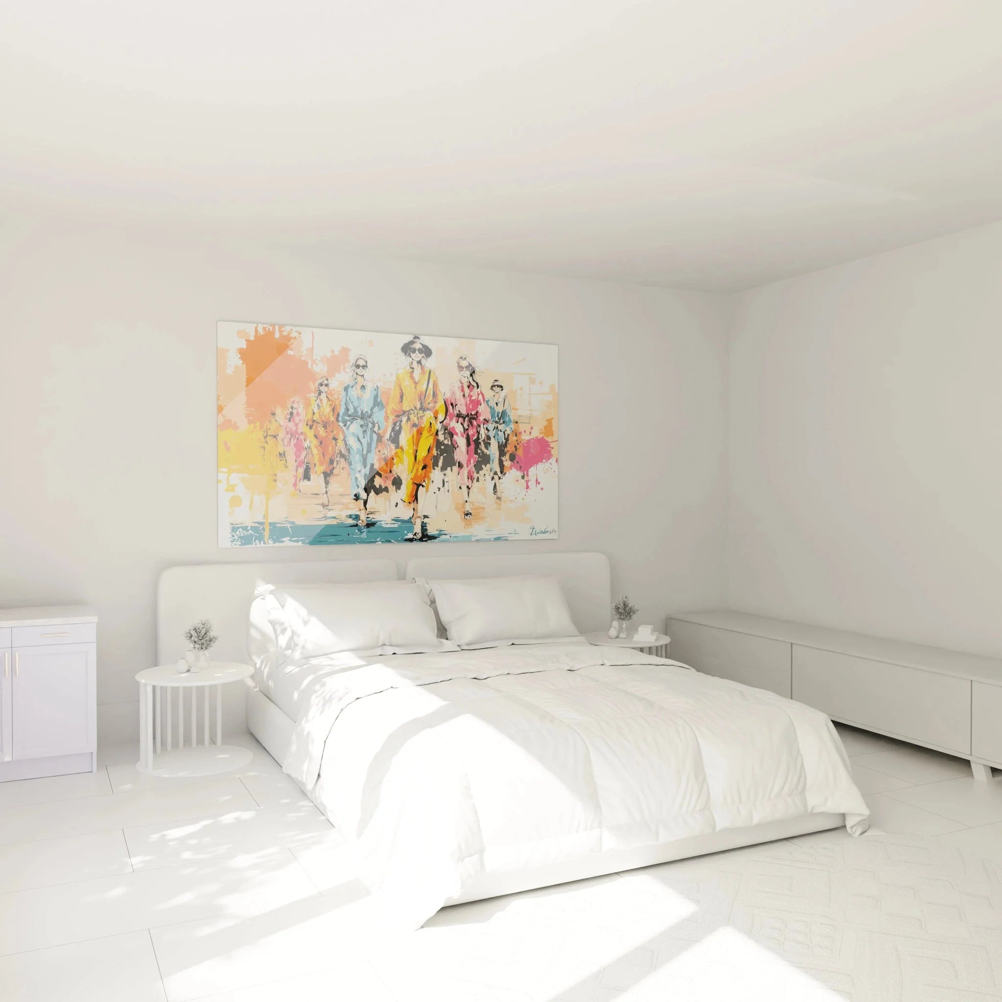 Modenschau Wandbild im Schlafzimmer Ambiente mit Fashion Week Illustration in warmen Aquarellfarben