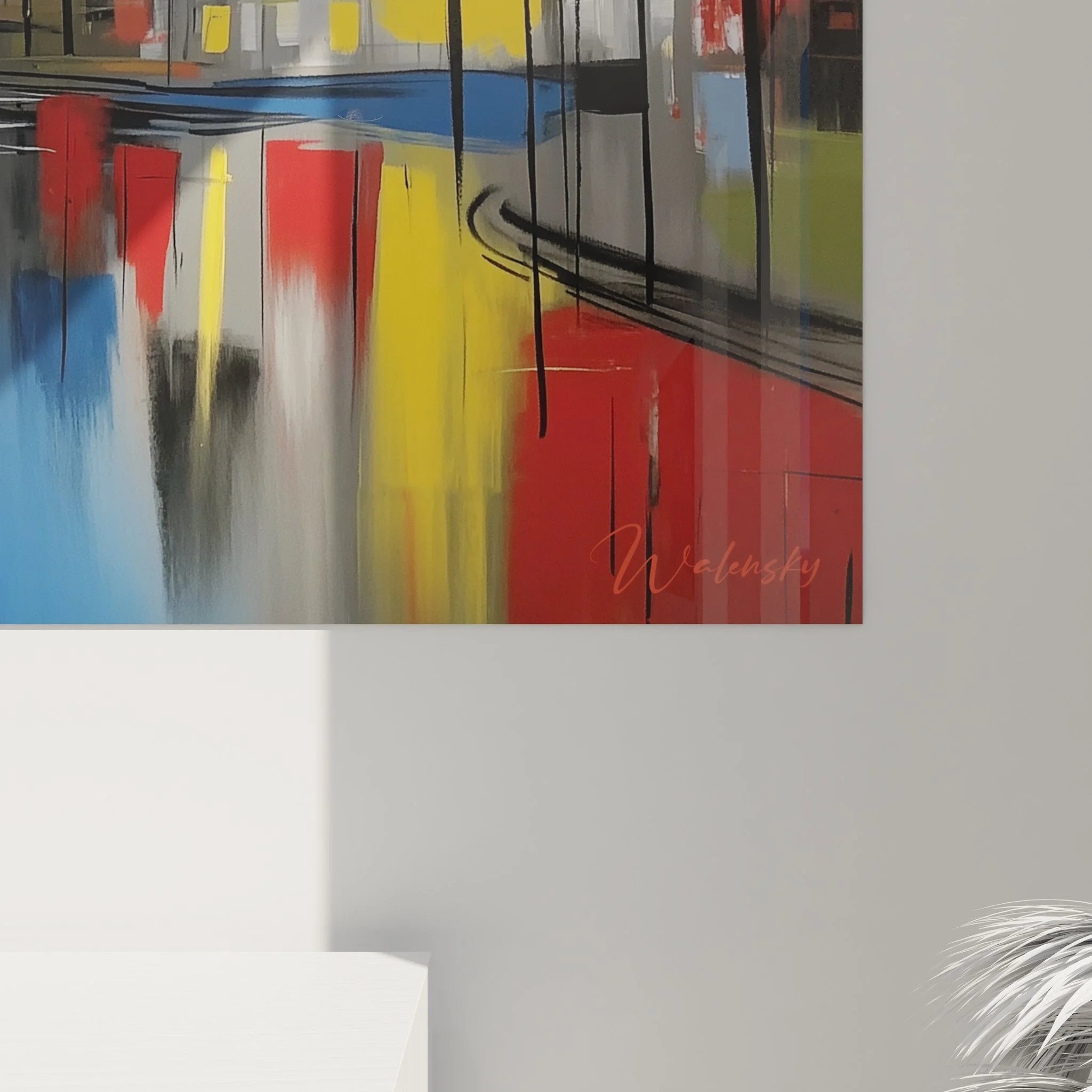 Gesamtansicht des modernen Seeufer Wandbildes mit Berglandschaft und urbanen Elementen