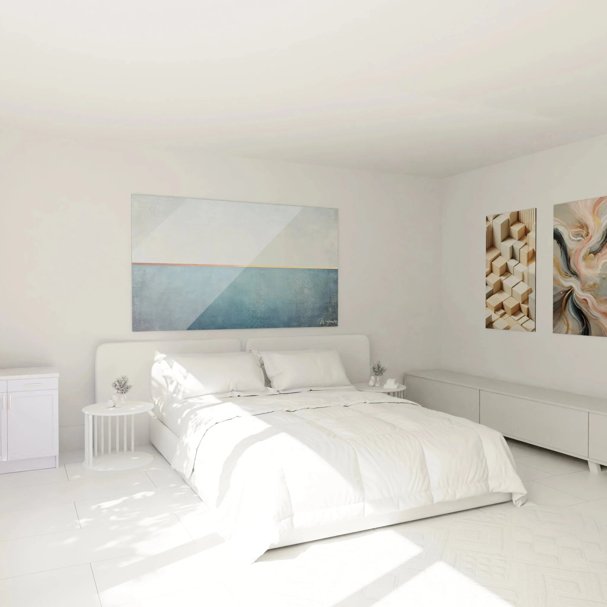 Abstrakte geometrische Wanddekoration Blau Grau als stilvoller Akzent im modernen Schlafzimmer