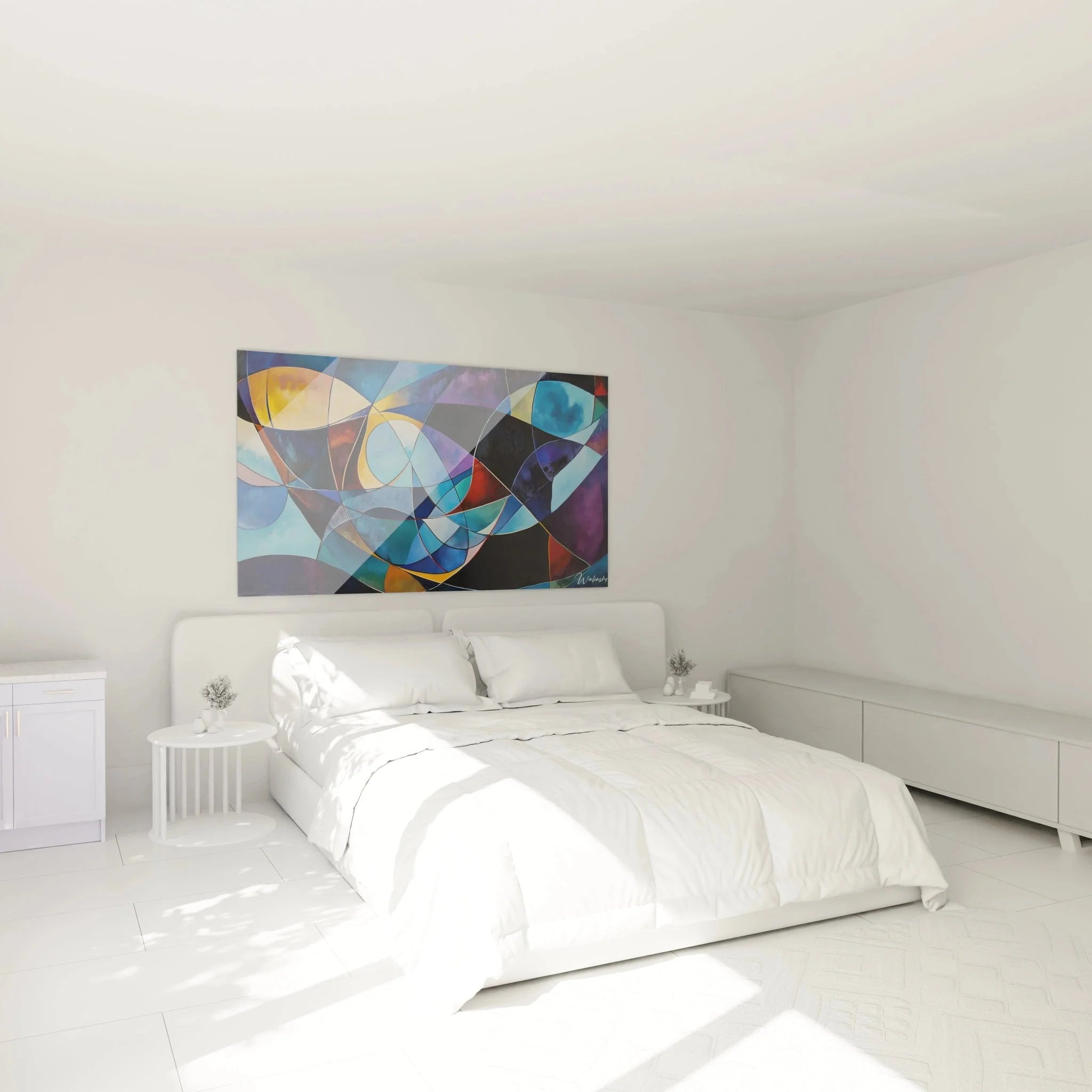 Moderne abstrakte Wandkunst geometrisch in Schlafzimmer Ambiente mit warmen Farben