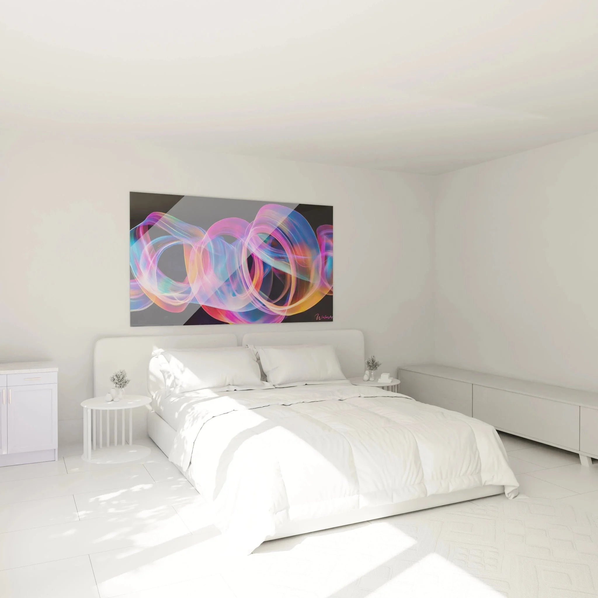 Moderne Wandkunst abstrakte Lichtströme in Schlafzimmer Ambiente mit leuchtenden geometrischen Formen
